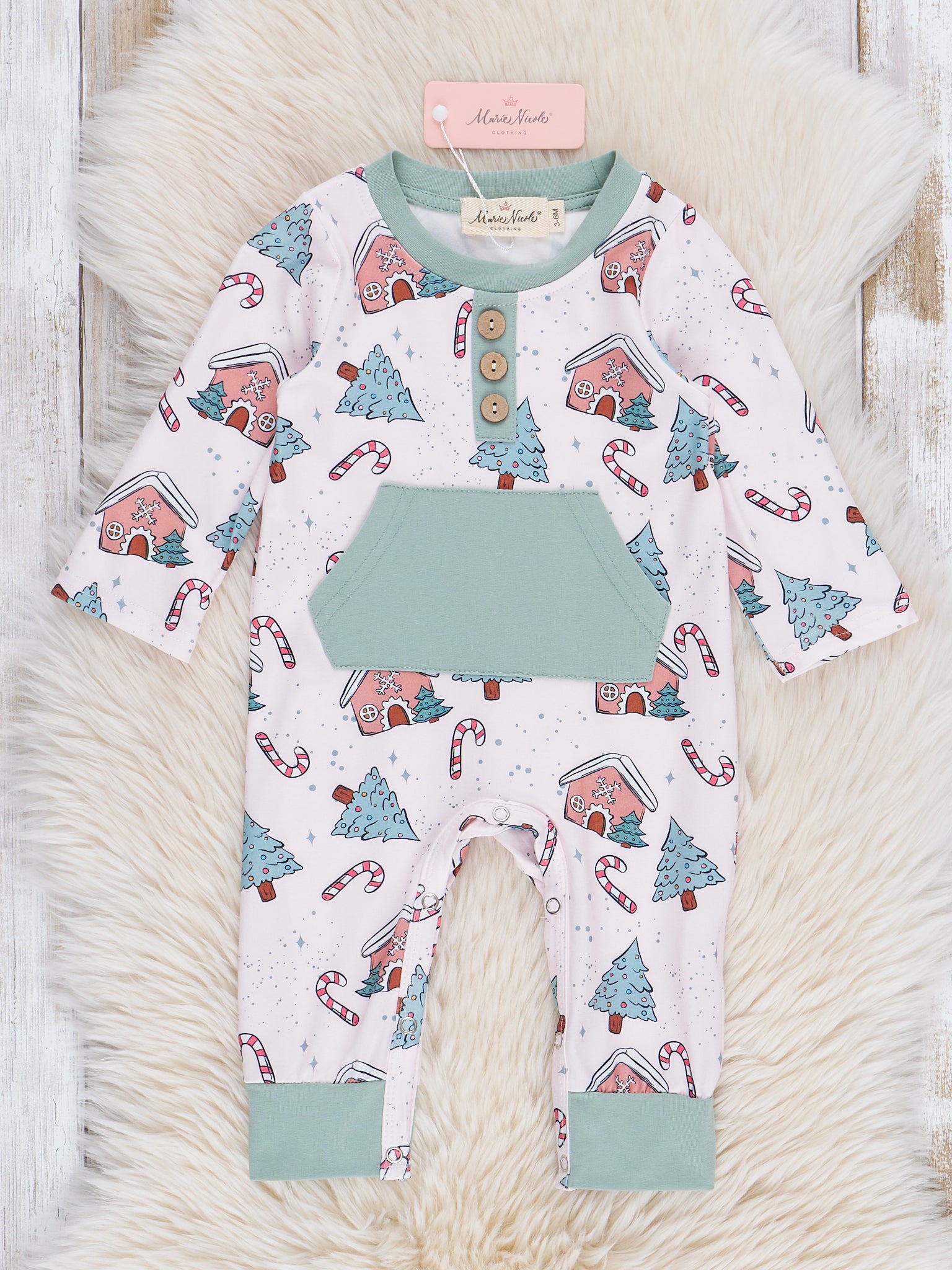 Mint Christmas Village Pocket Romper - Marie Nicole Clothing