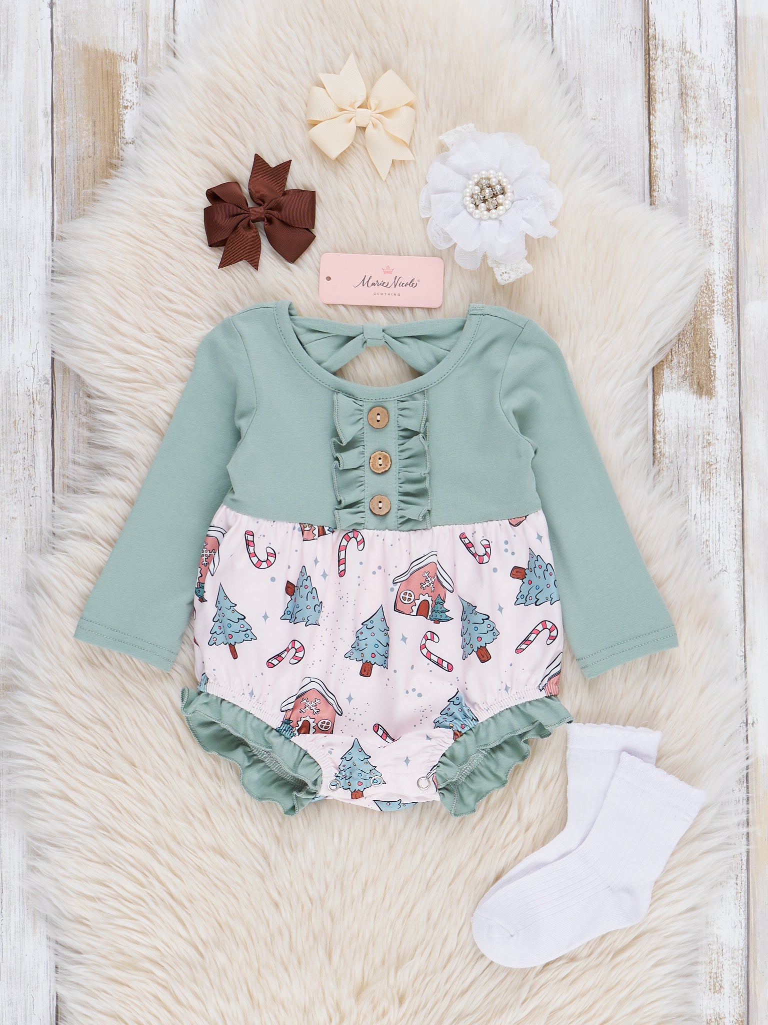 Mint Christmas Village Ruffle Bubble Romper - Marie Nicole Clothing
