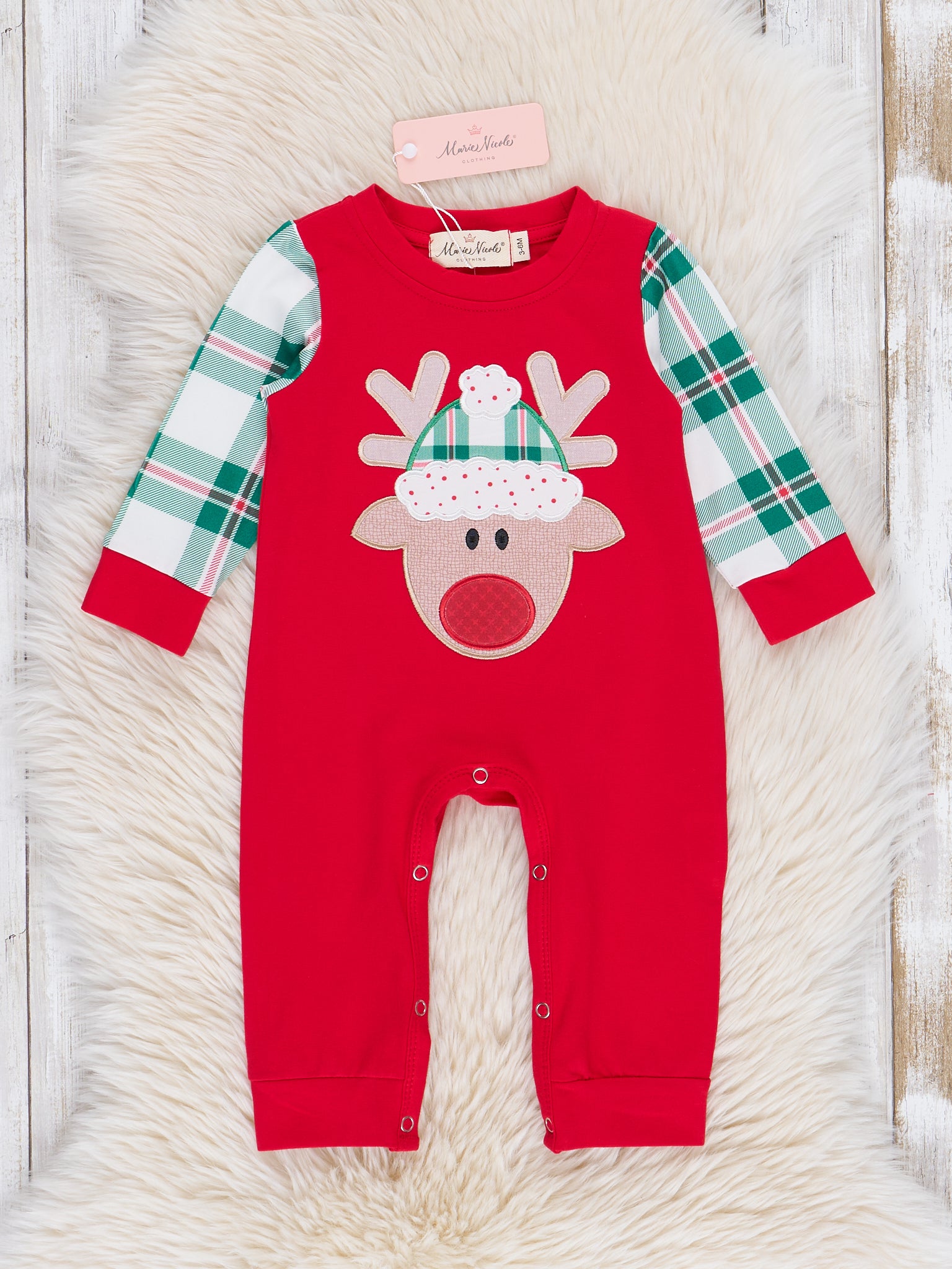 Red & Green Plaid Reindeer Romper - Marie Nicole Clothing