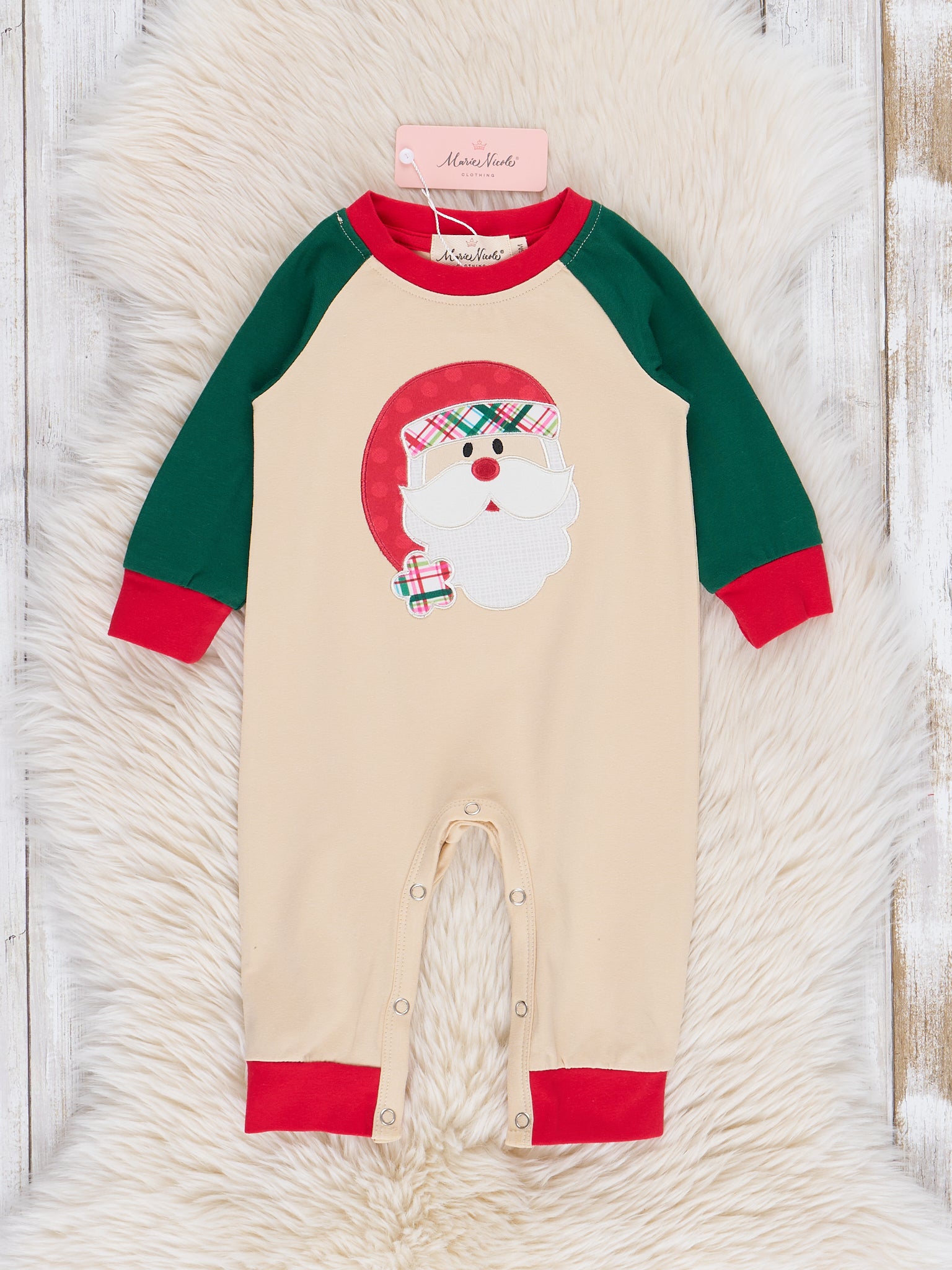 Tan & Green Raglan Embroidered Santa Romper - Marie Nicole Clothing