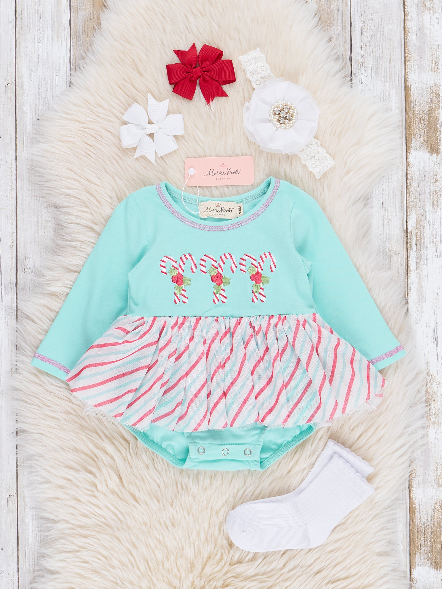 Teal Candy Cane Cutie Peplum Tulle Bubble Romper - Marie Nicole Clothing