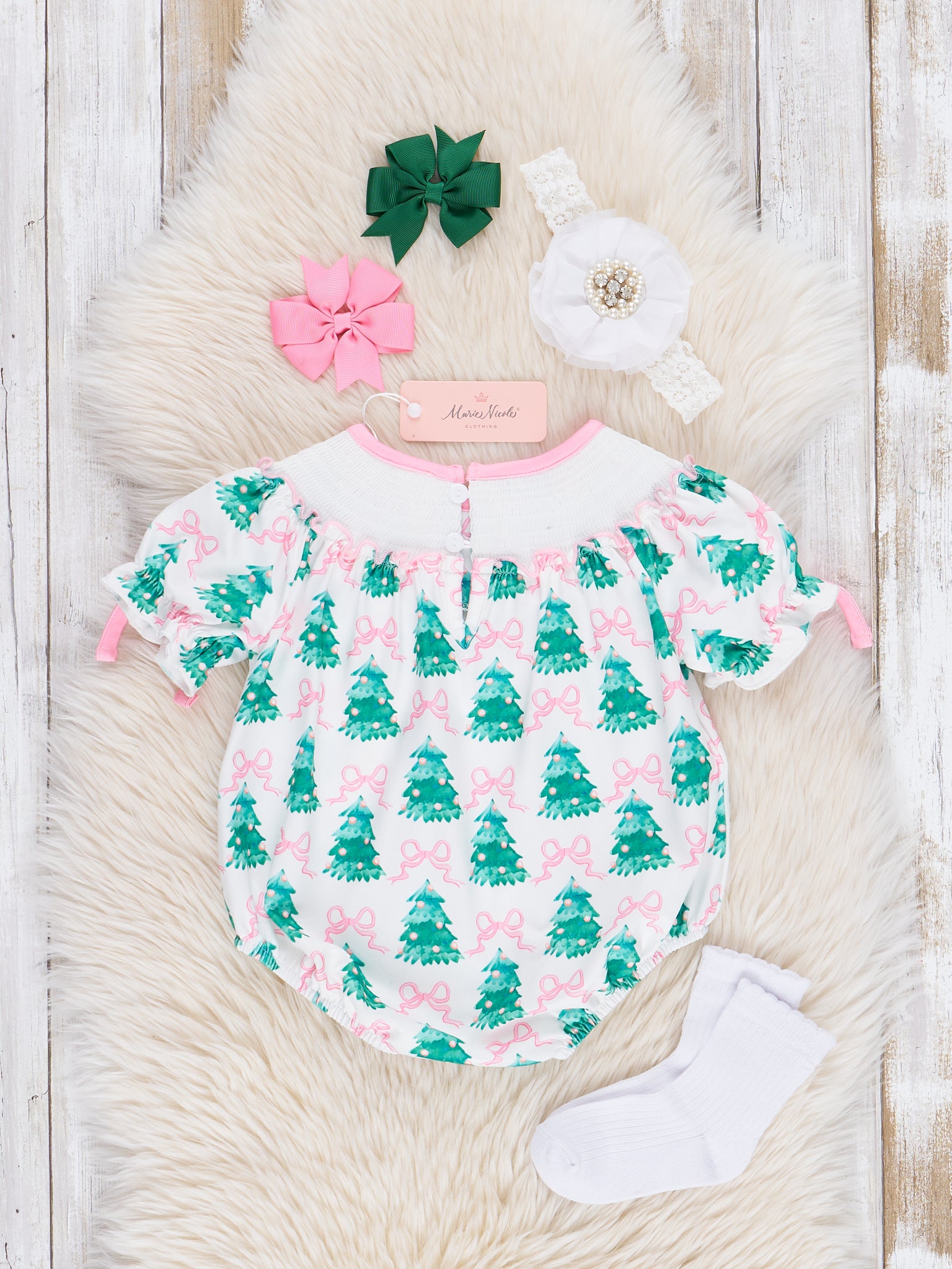 Pink Bows & Evergreens Smocked Bubble Romper - Marie Nicole Clothing