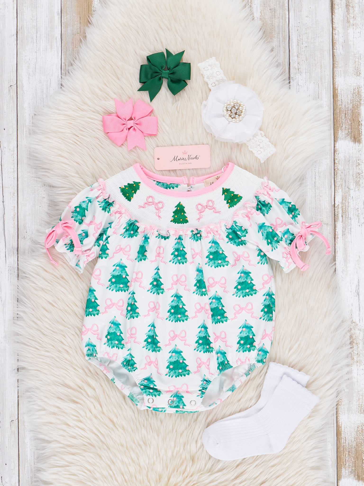 Pink Bows & Evergreens Smocked Bubble Romper - Marie Nicole Clothing