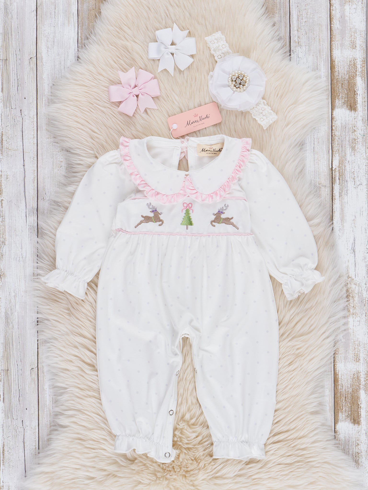 Pink Smocked Prancing Reindeer Ruffle Romper - Marie Nicole Clothing