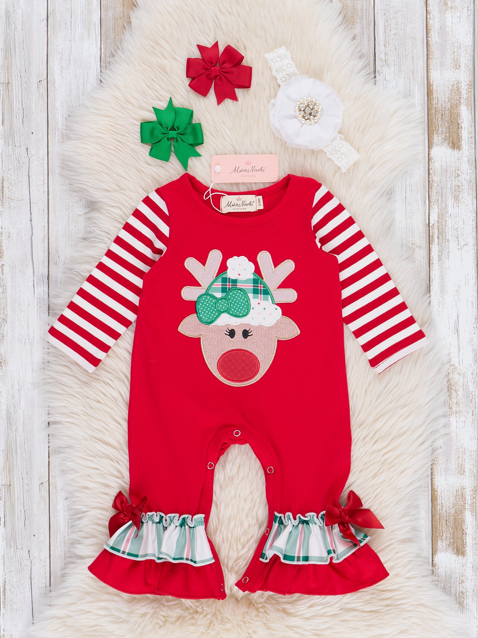 Red Embroidered Reindeer Ruffle Romper - Marie Nicole Clothing