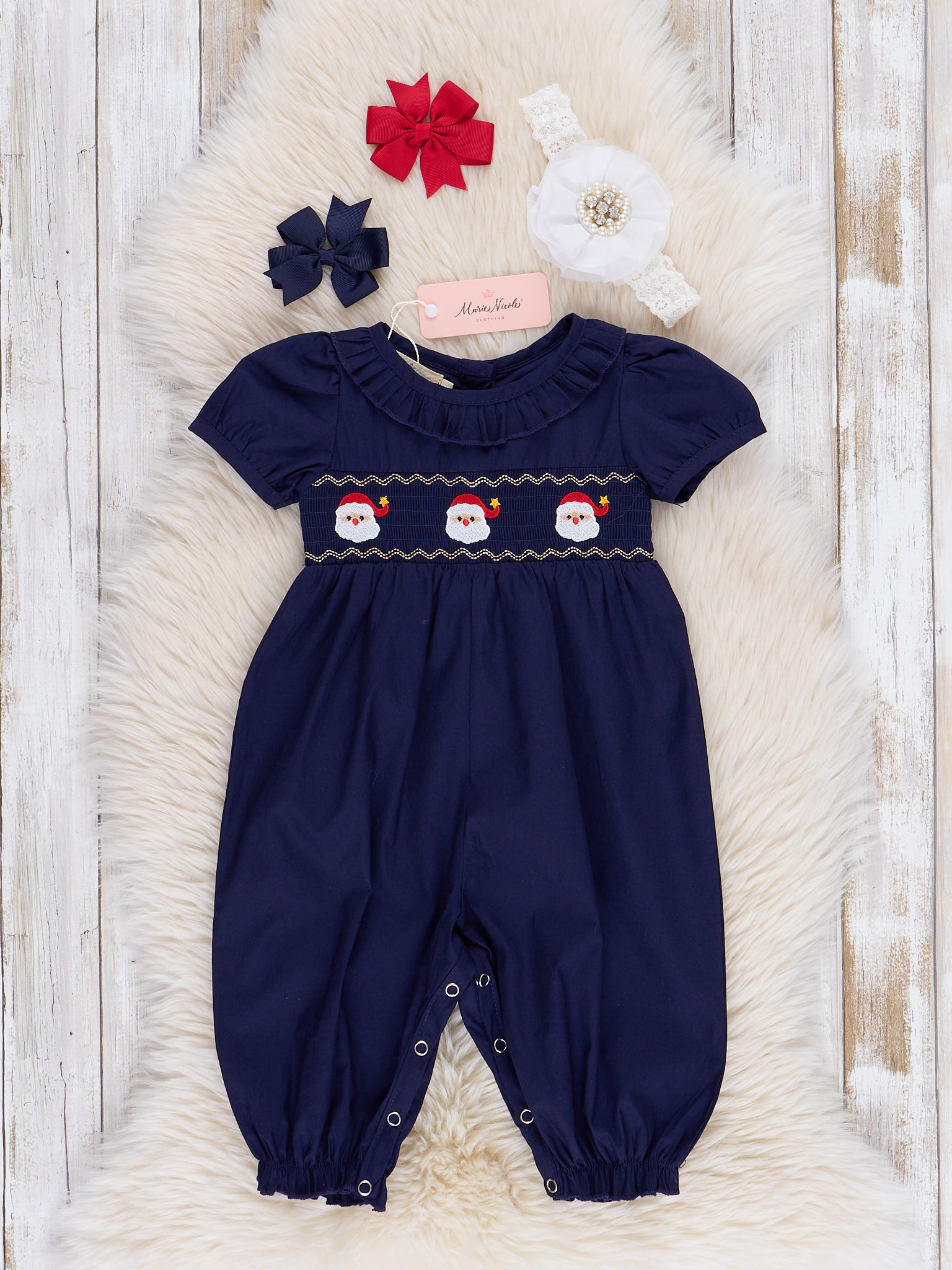 Santa Vintage Smocked Ruffle Romper - Marie Nicole Clothing