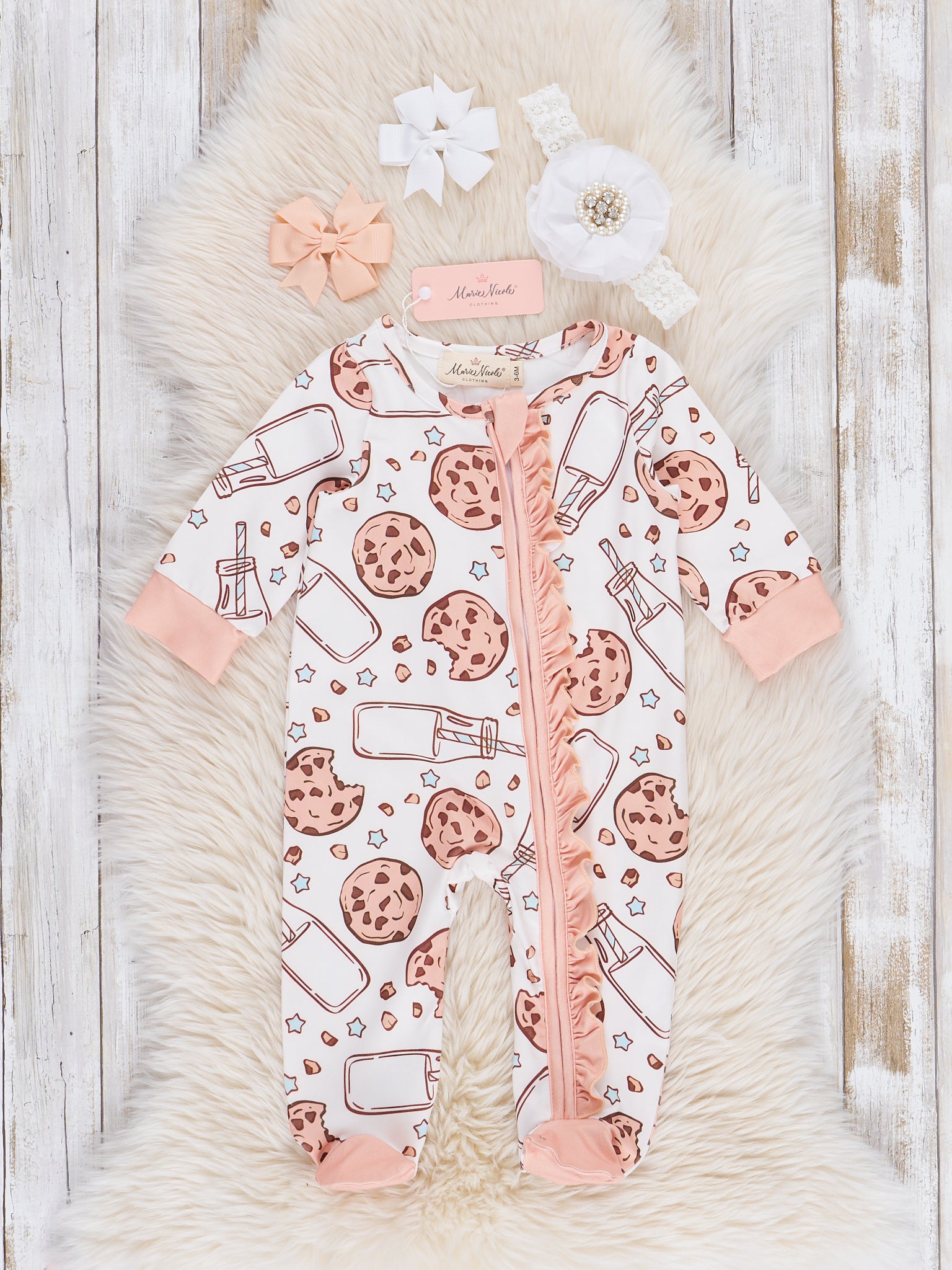 Peach Milk & Cookies Ruffle Footed Sleeper Pajamas - Marie Nicole Clothing