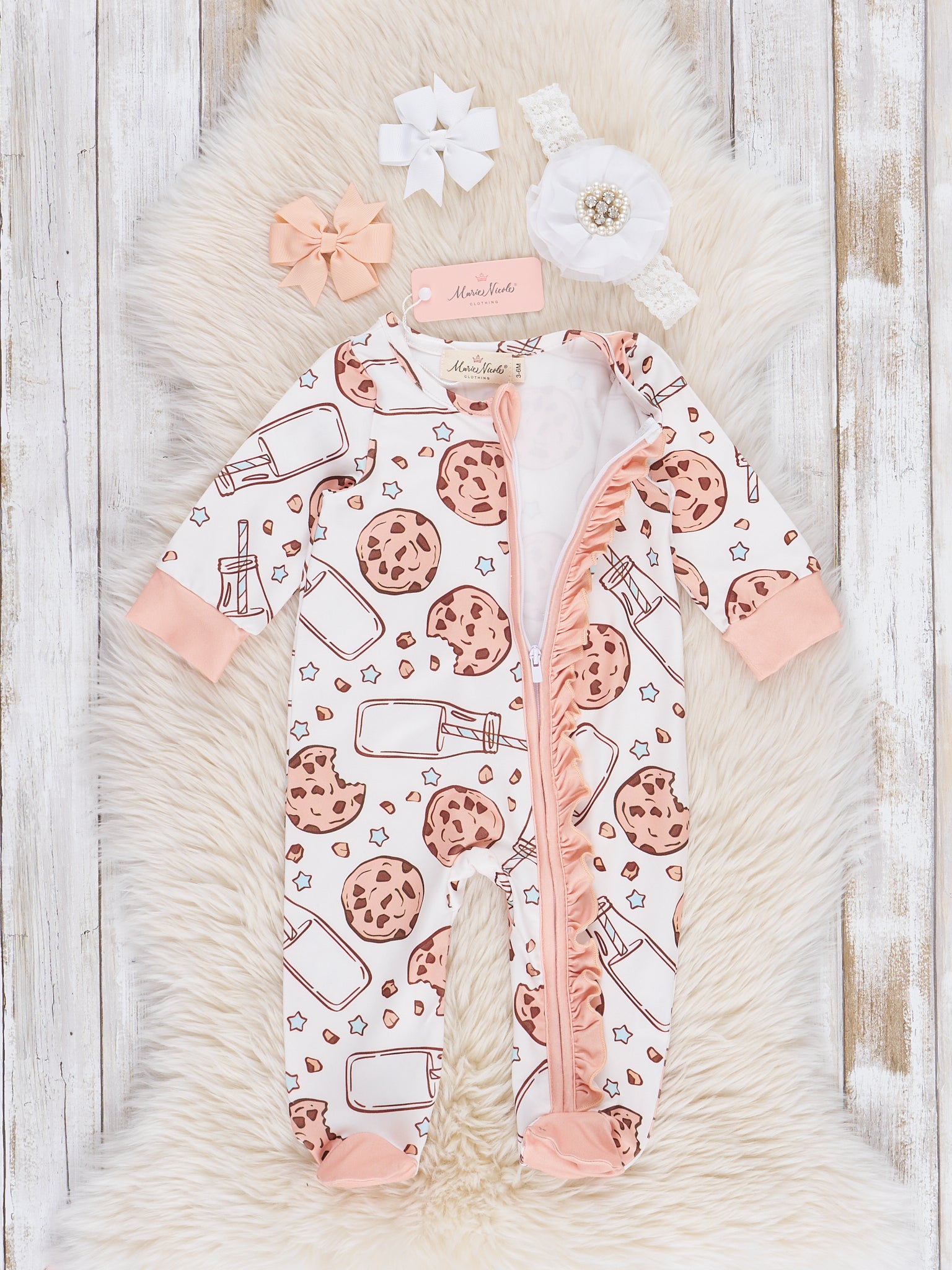 Peach Milk & Cookies Ruffle Footed Sleeper Pajamas - Marie Nicole Clothing