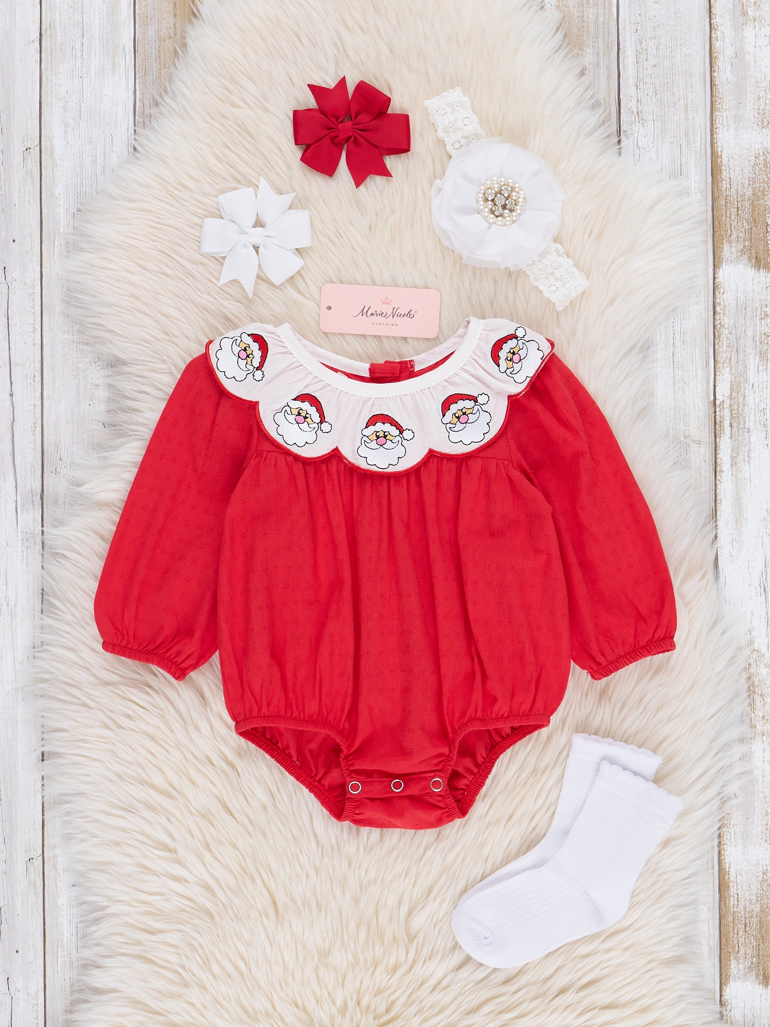 Cotton Santa Smocked Bubble Romper - Marie Nicole Clothing
