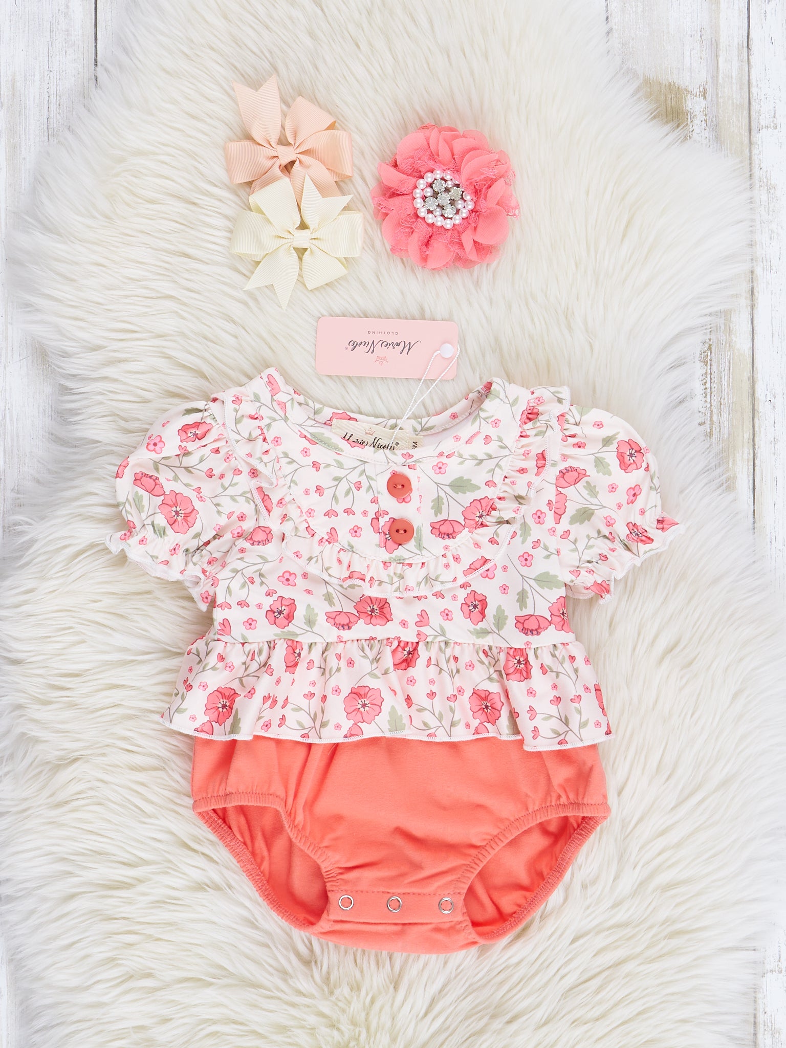 Coral Floral Fancy Ruffle Bubble Romper - Marie Nicole Clothing