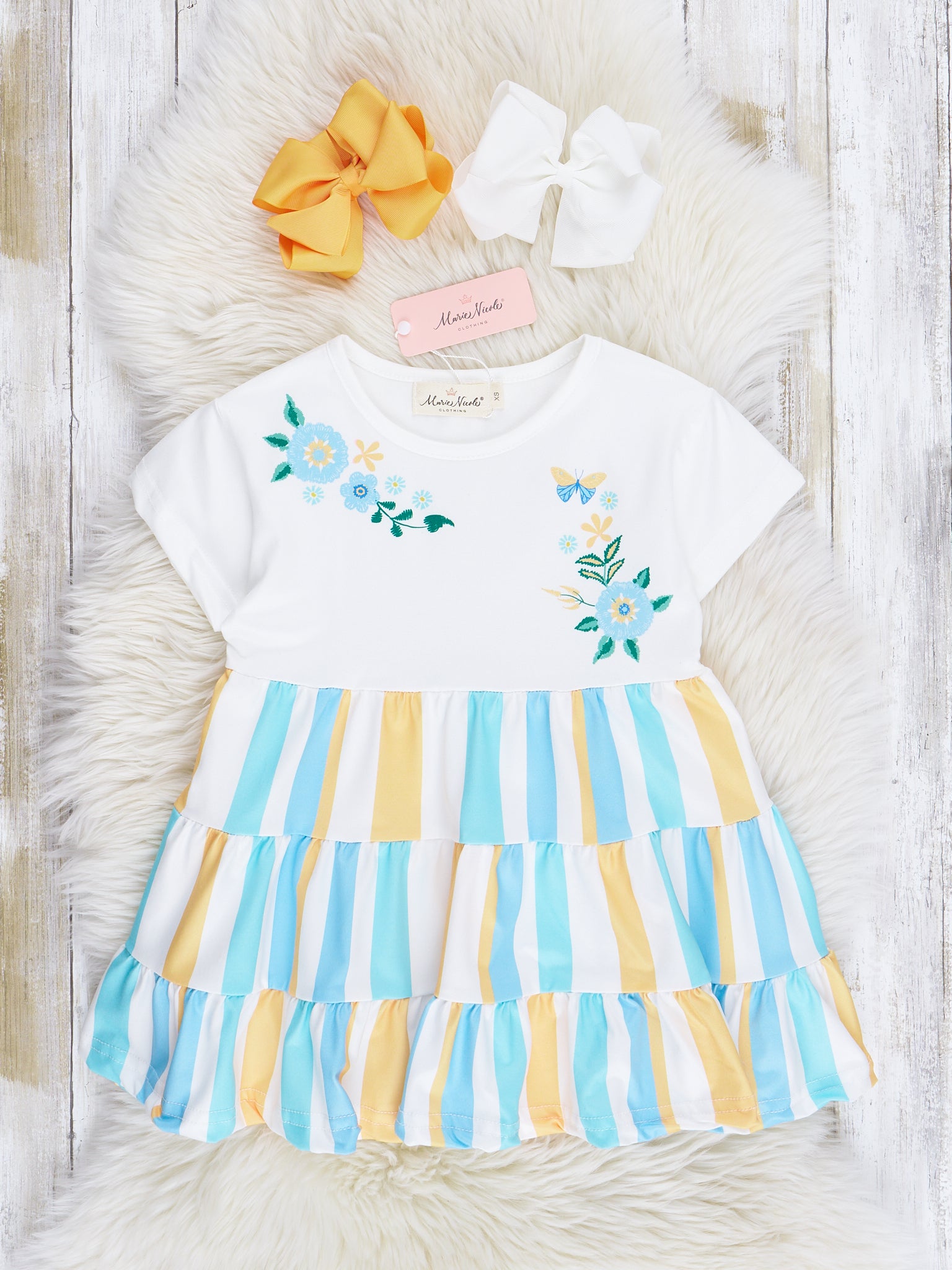 Turquoise & Yellow Stripes Tiered Ruffle Dress - Marie Nicole Clothing