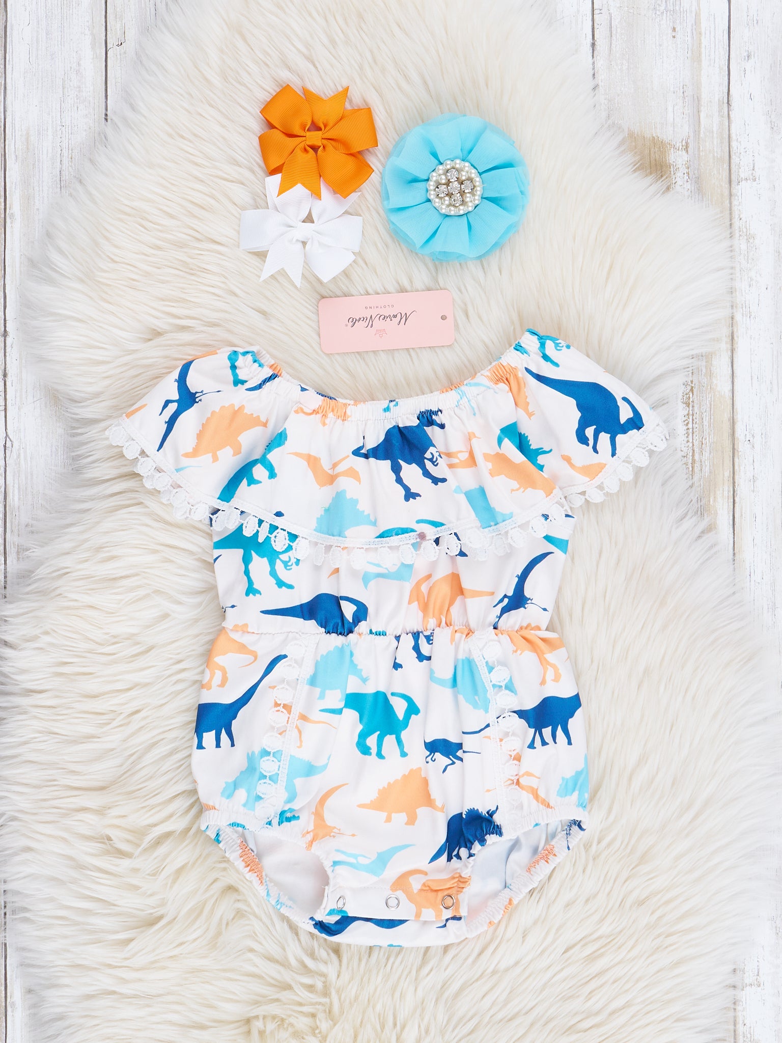 Turquoise & Yellow Dino Friends Ruffle Bubble Romper - Marie Nicole Clothing