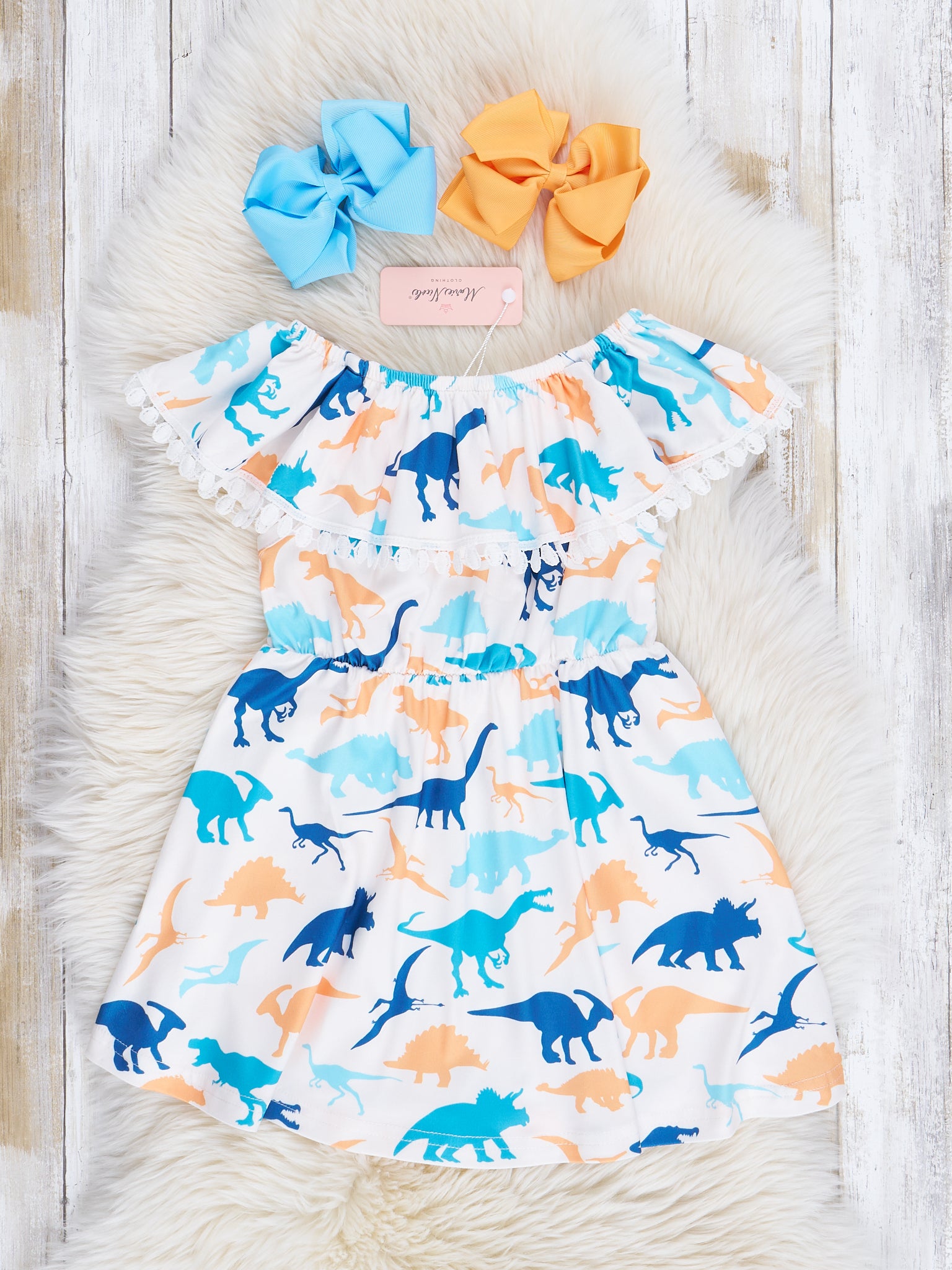 Turquoise & Yellow Dino Friends Dress - Marie Nicole Clothing