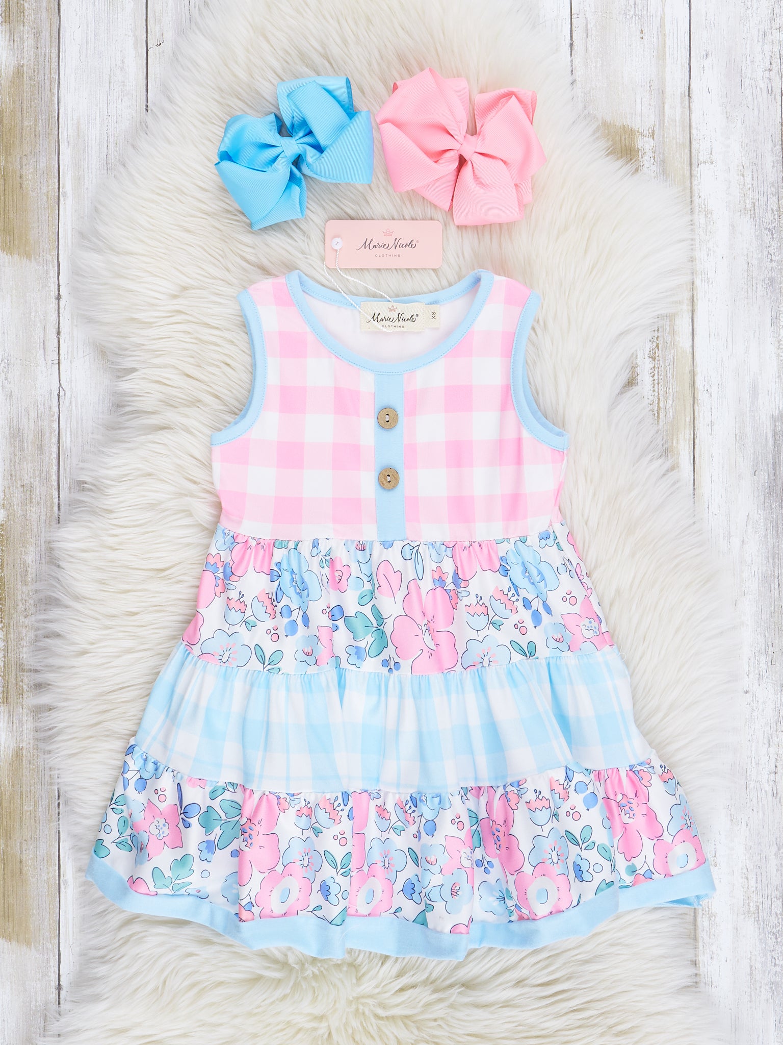 Pink & Blue Gingham Floral Ruffle Dress - Marie Nicole Clothing