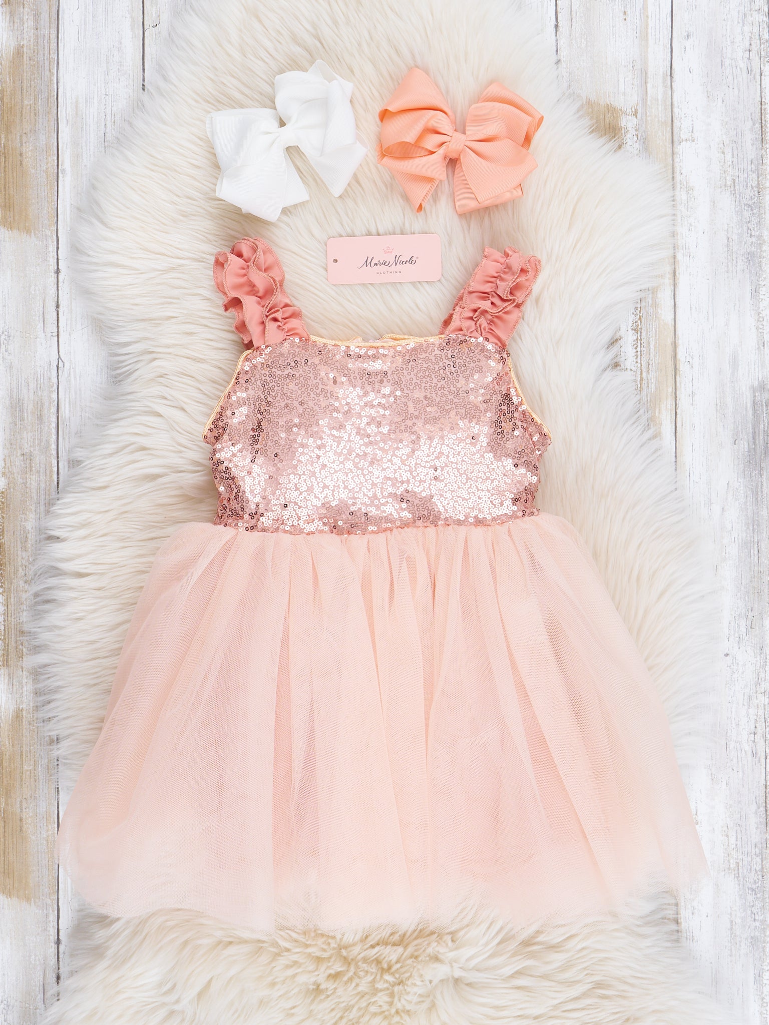 Rose Gold Ruffle Sparkle Party Dress - Marie Nicole Clothing