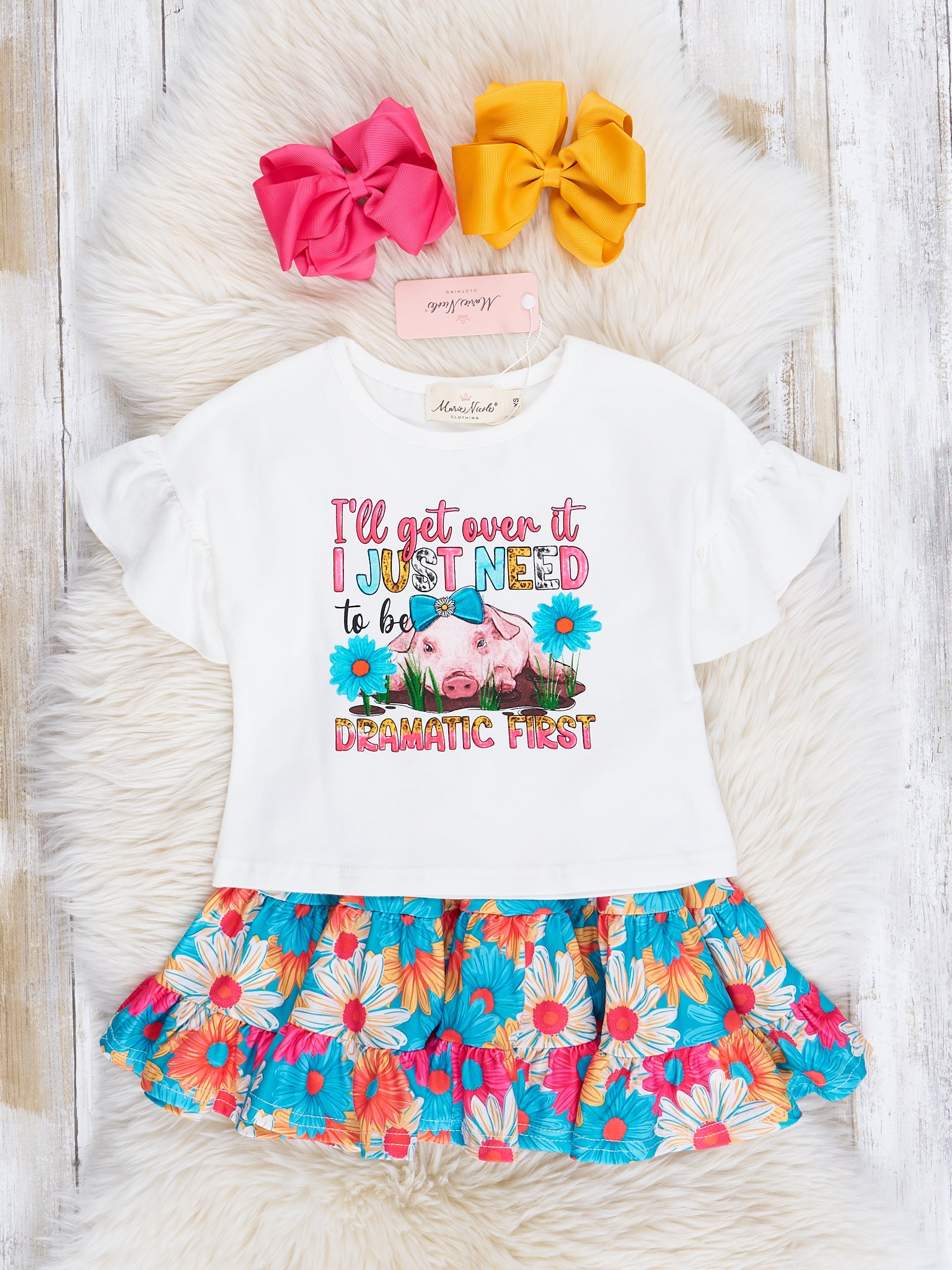Pink & Teal Dramatic Piggy Outfit w/ Skirt - Marie Nicole Clothing