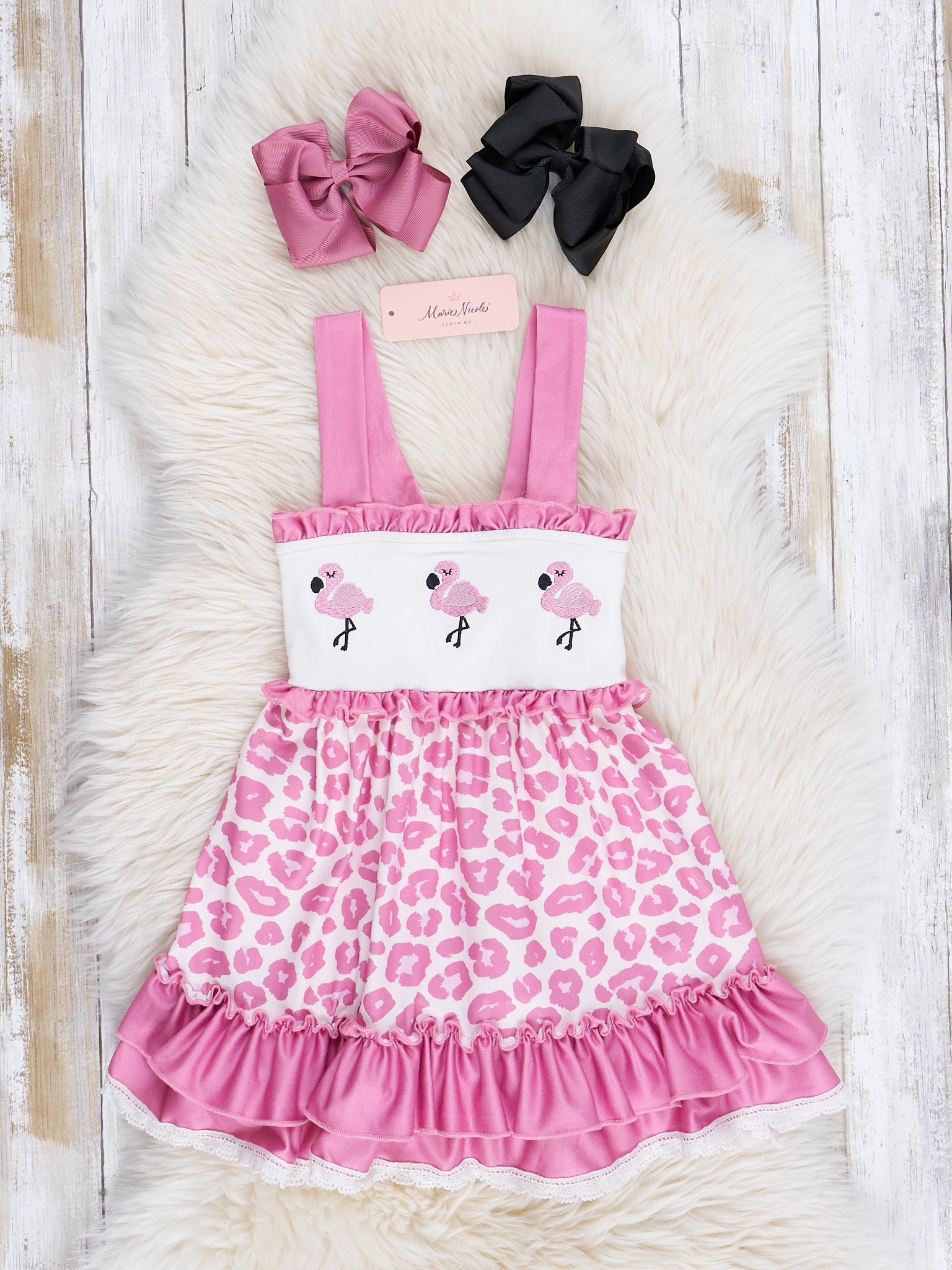 Mauve Embroidered Flamingos & Leopard Ruffle Dress - Marie Nicole Clothing