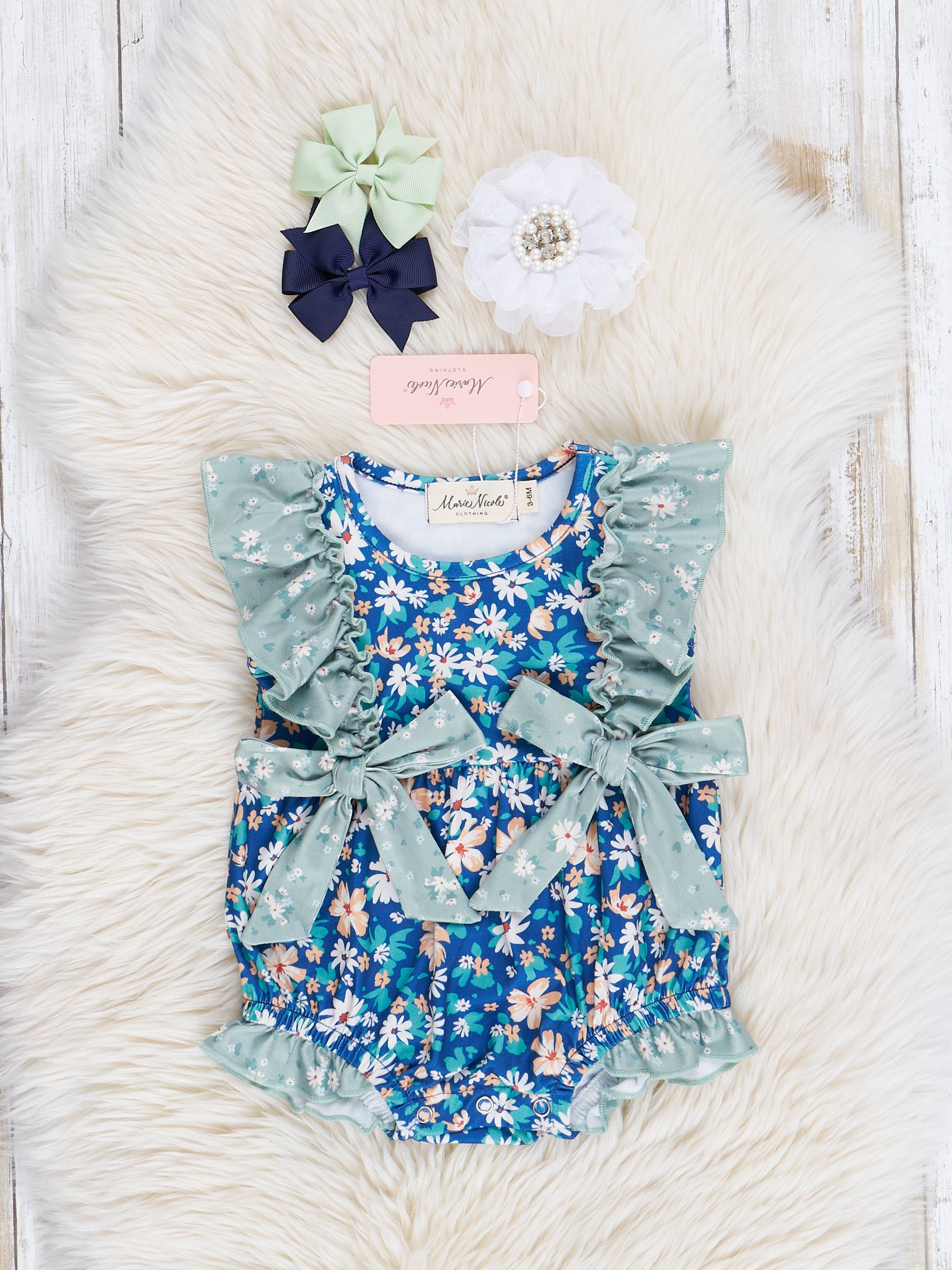 Blue & Green Wildflowers Ruffle Bubble Romper - Marie Nicole Clothing
