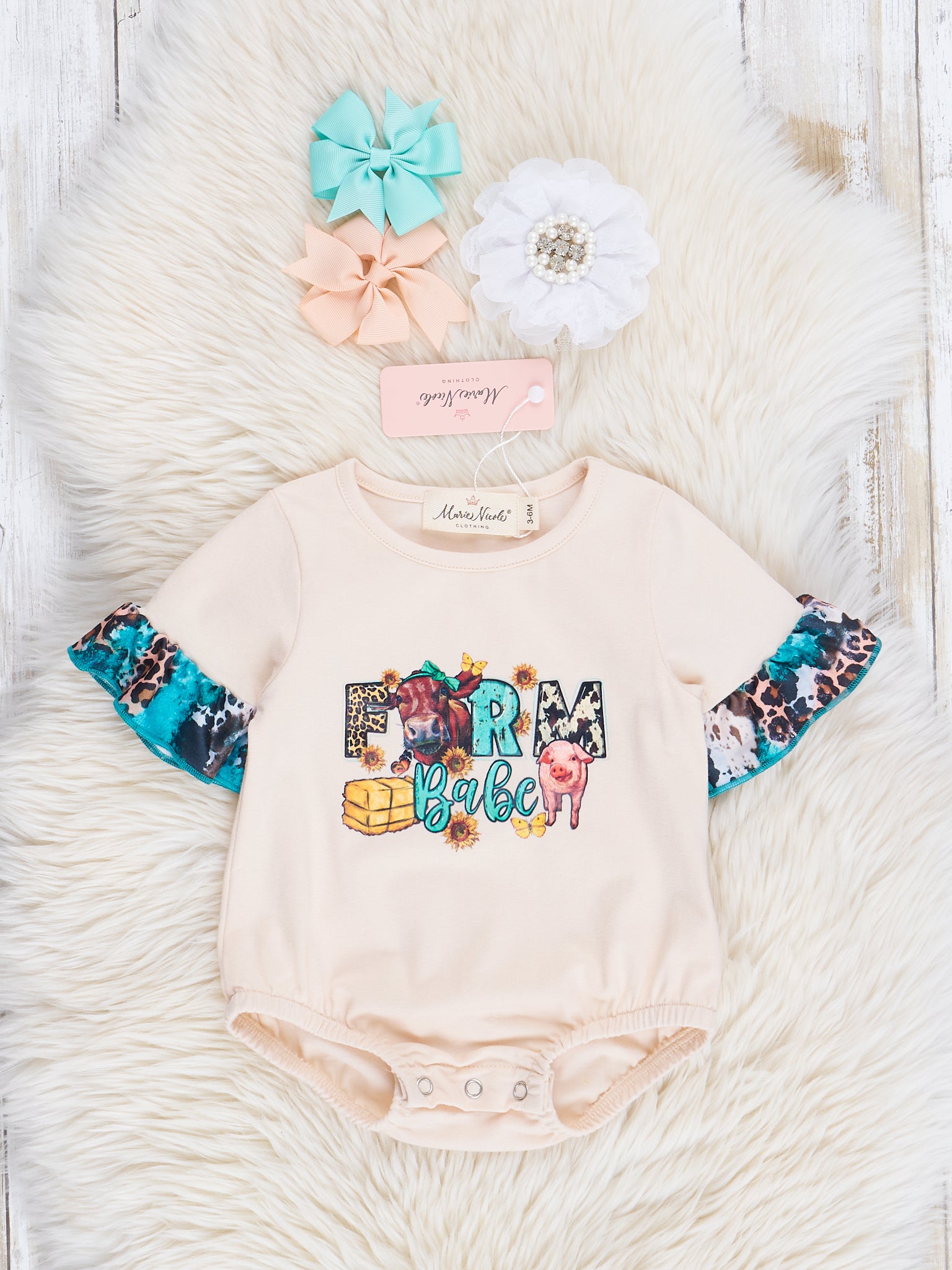 Cream & Leopard Farm Babe Ruffle Bubble Romper - Marie Nicole Clothing