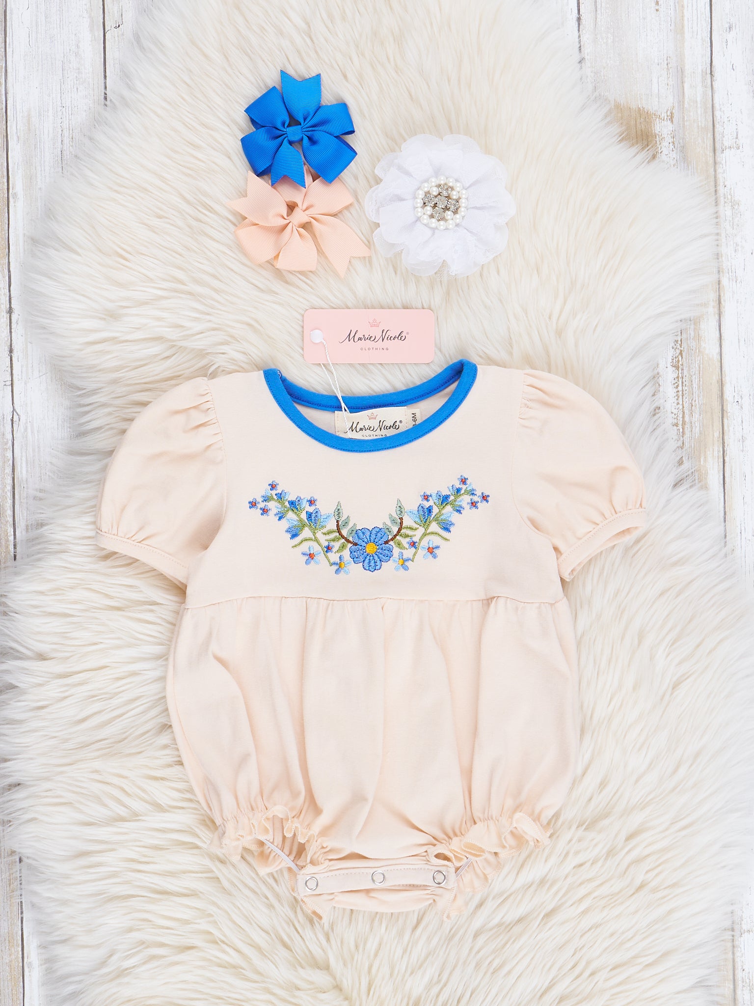 Cream & Blue Embroidered Garden Ruffle Bubble Romper - Marie Nicole Clothing