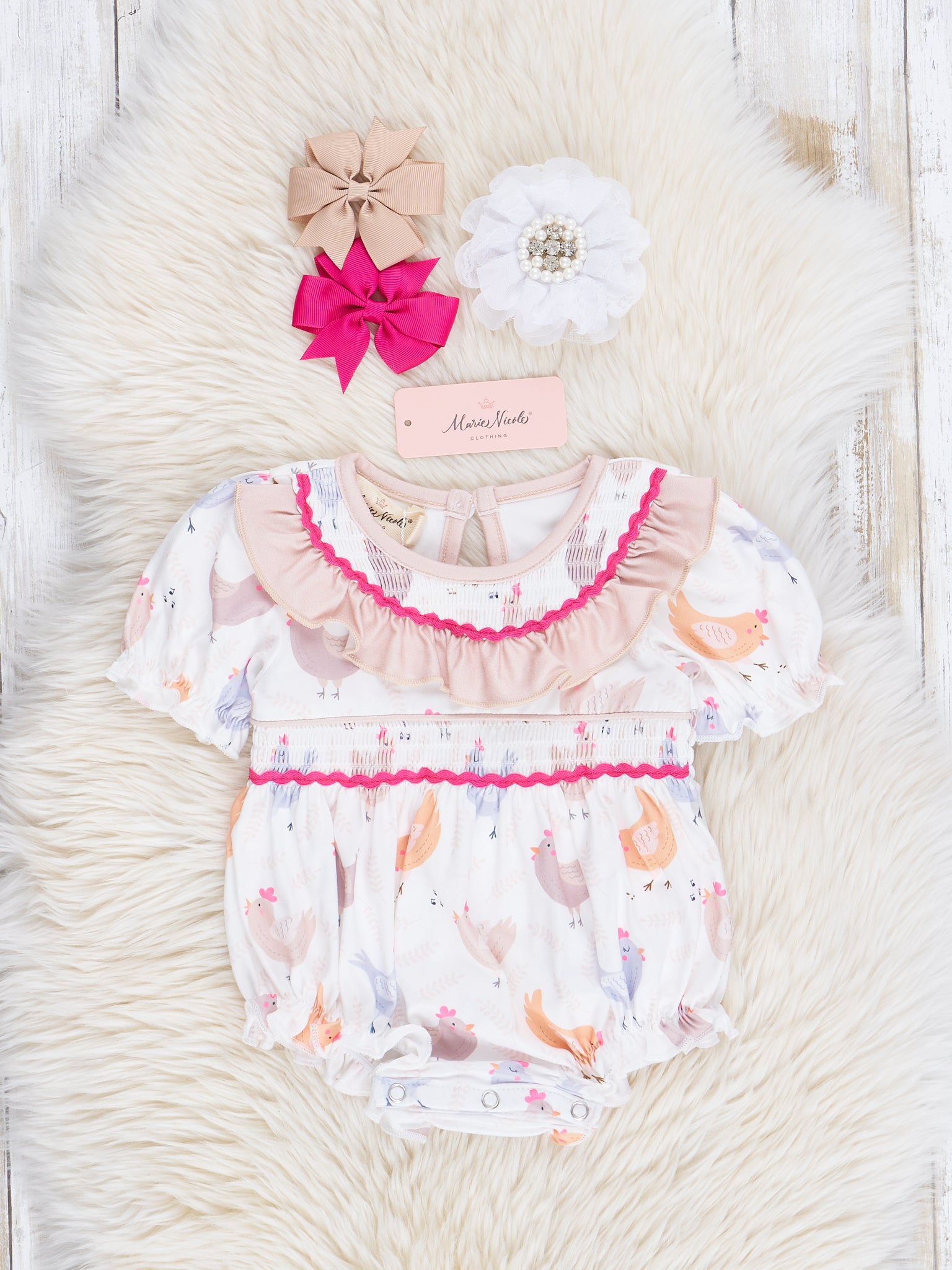 Soft Tan Smocked Chickens Ruffle Bubble Romper - Marie Nicole Clothing