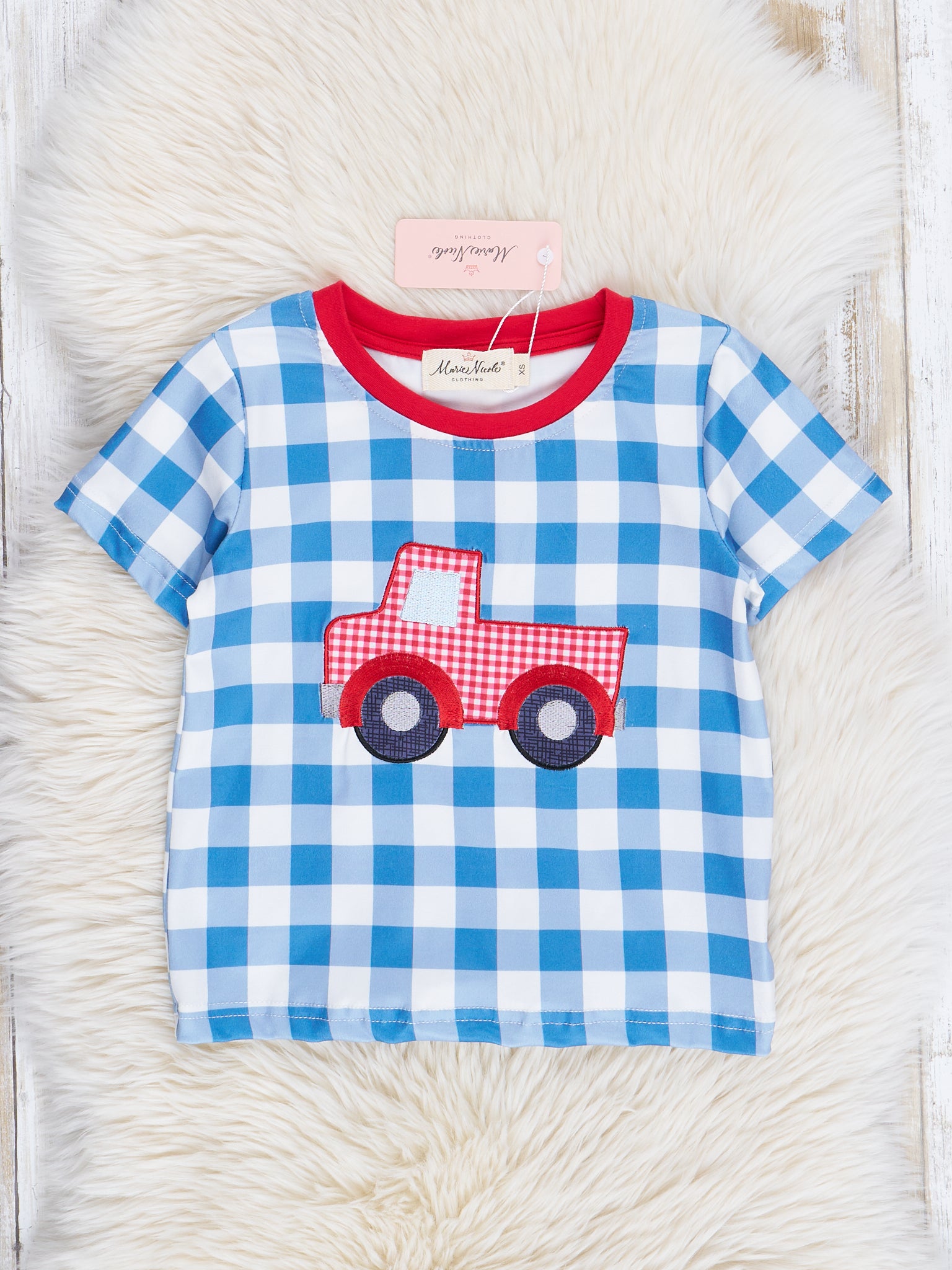 Red & Navy Truck Gingham Shirt - Marie Nicole Clothing