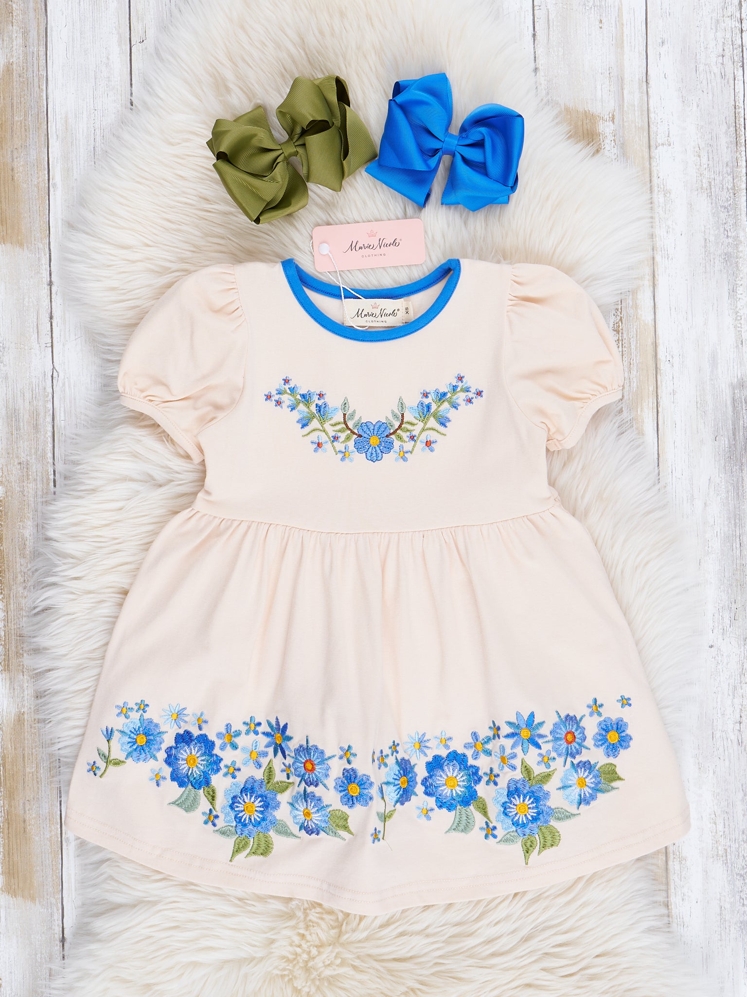 Cream & Blue Embroidered Garden Dress - Marie Nicole Clothing