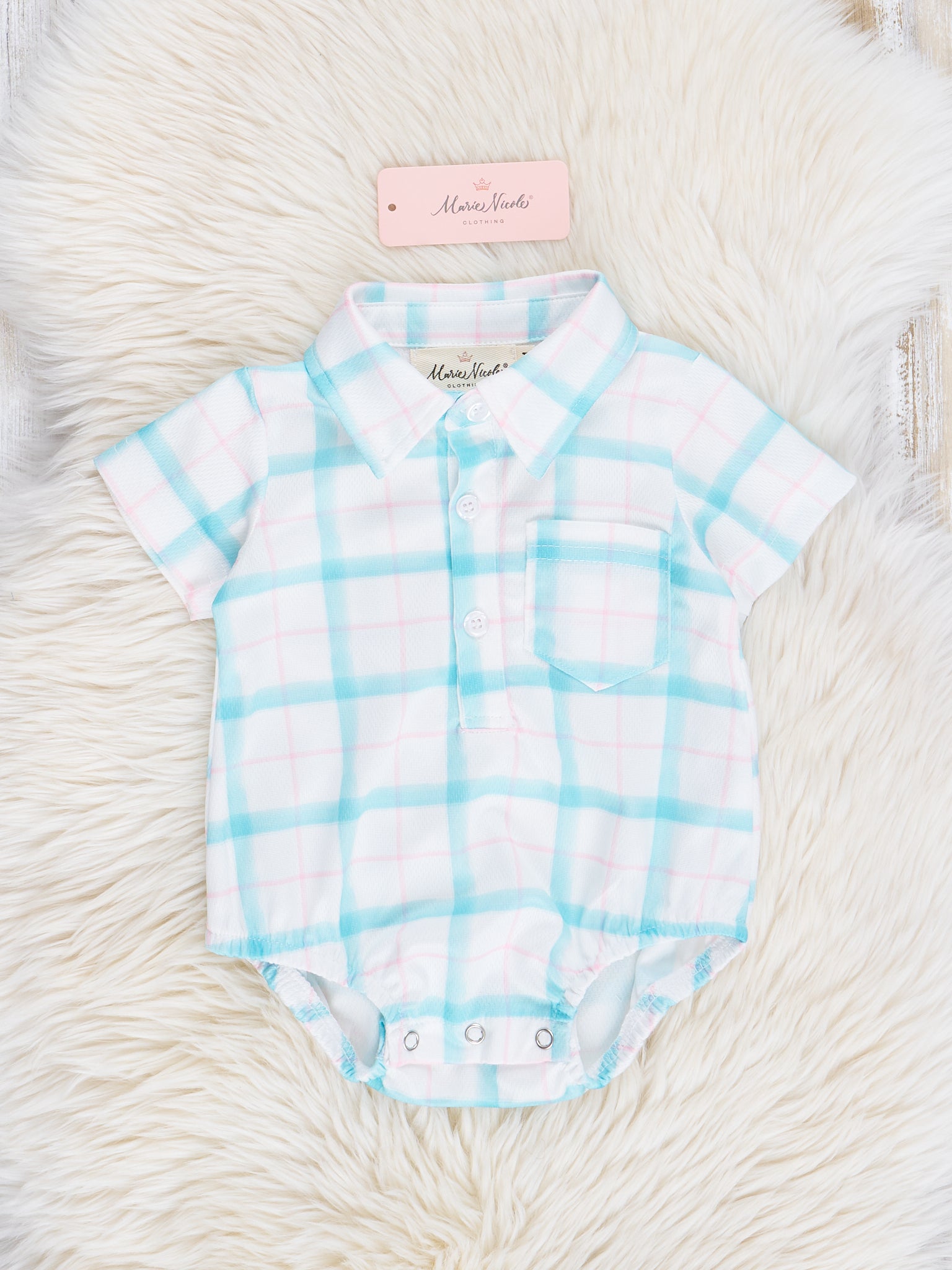 Teal & Pink Plaid Polo Bubble Romper - Marie Nicole Clothing