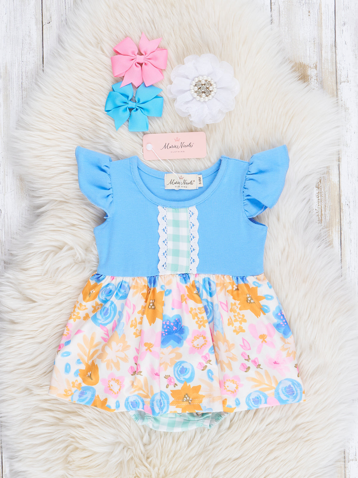 Cornflower Watercolor Florals Ruffle Bubble Romper - Marie Nicole Clothing