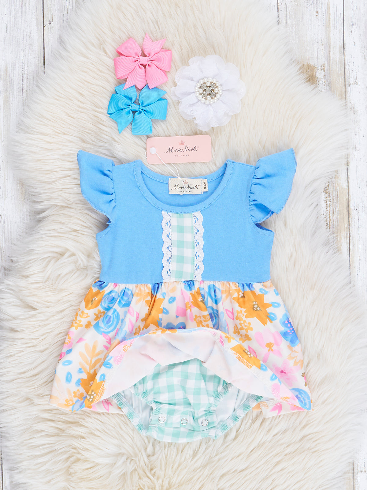 Cornflower Watercolor Florals Ruffle Bubble Romper - Marie Nicole Clothing