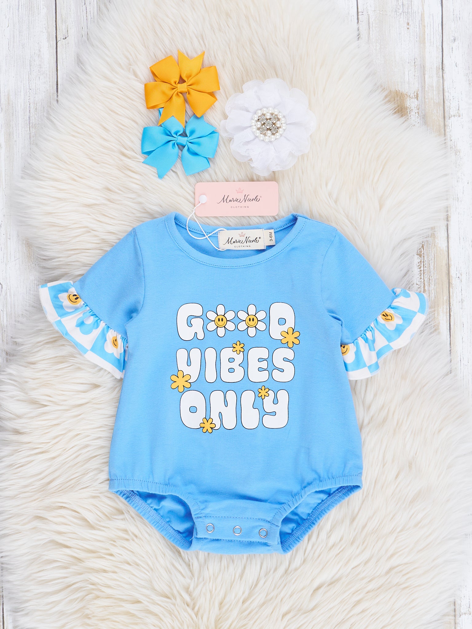 Blue Good Vibes Only Daisy Ruffle Bubble Romper - Marie Nicole Clothing