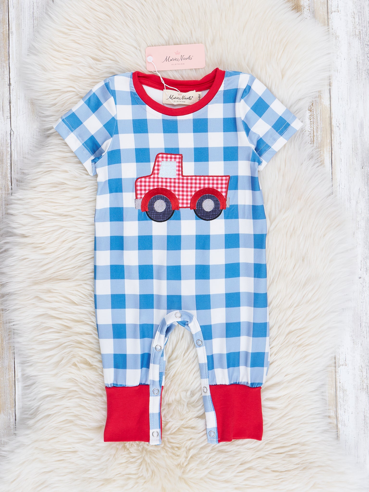 Red & Navy Truck Gingham Romper - Marie Nicole Clothing