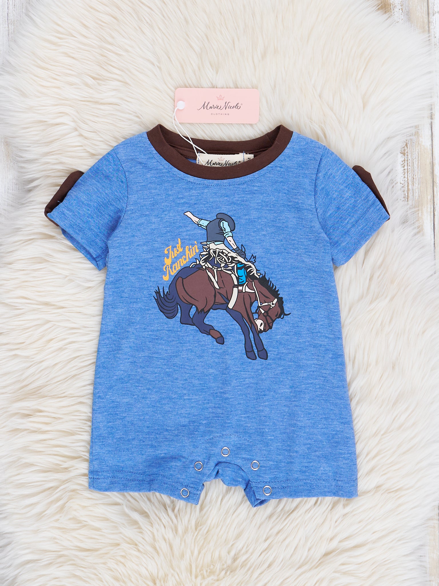 Heather Blue "Just Ranchin'" Romper - Marie Nicole Clothing