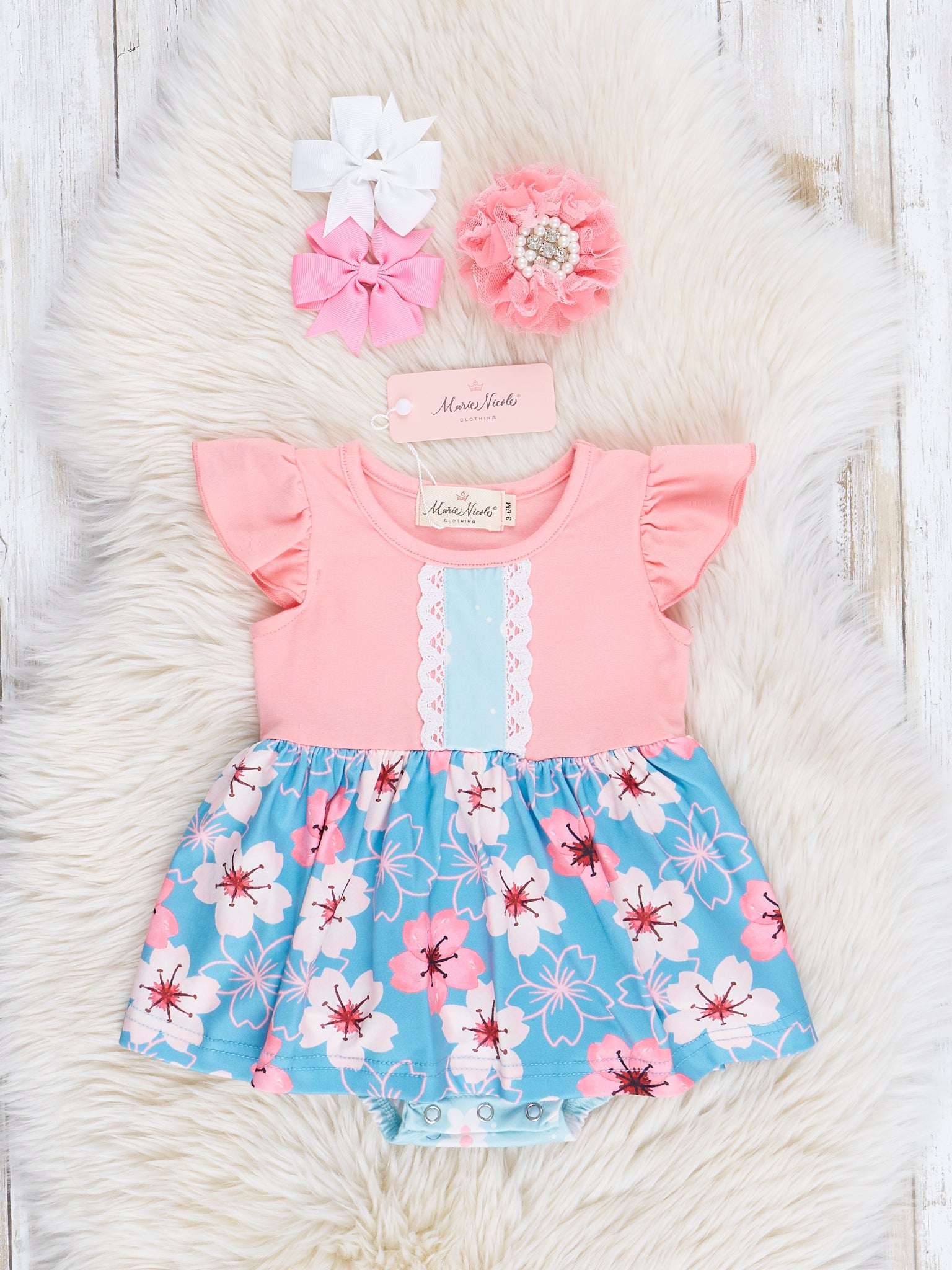 Pink & Blue Tropical Blooms Ruffle Bubble Romper - Marie Nicole Clothing