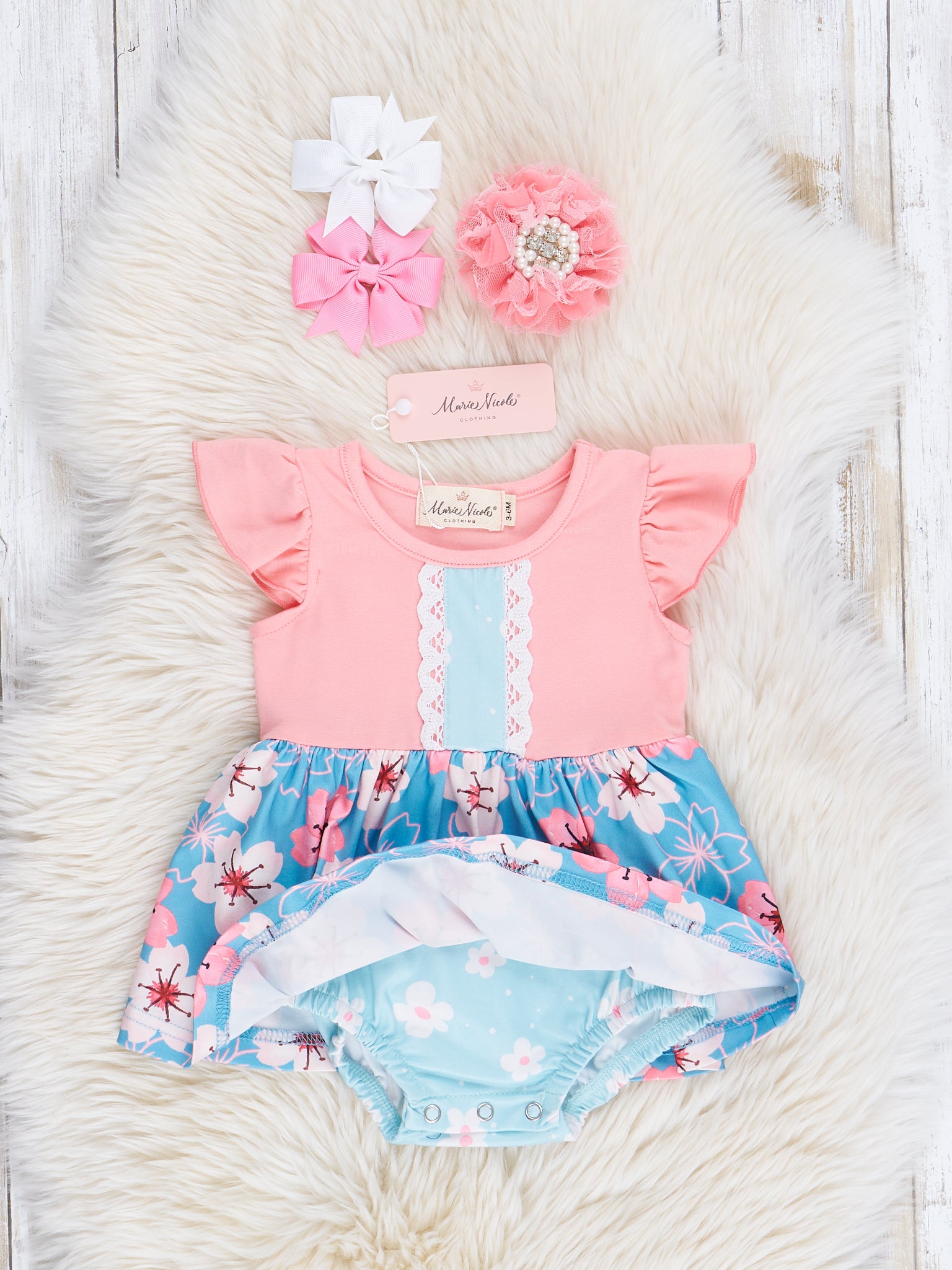 Pink & Blue Tropical Blooms Ruffle Bubble Romper - Marie Nicole Clothing