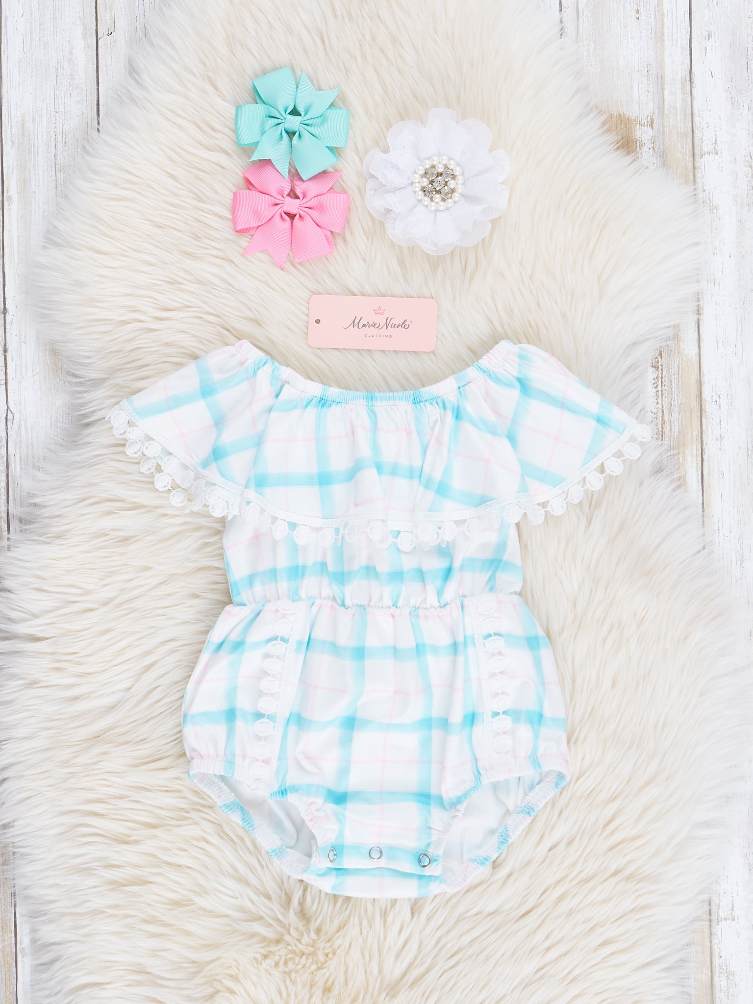 Teal & Pink Plaid Lace Trim Bubble Romper - Marie Nicole Clothing