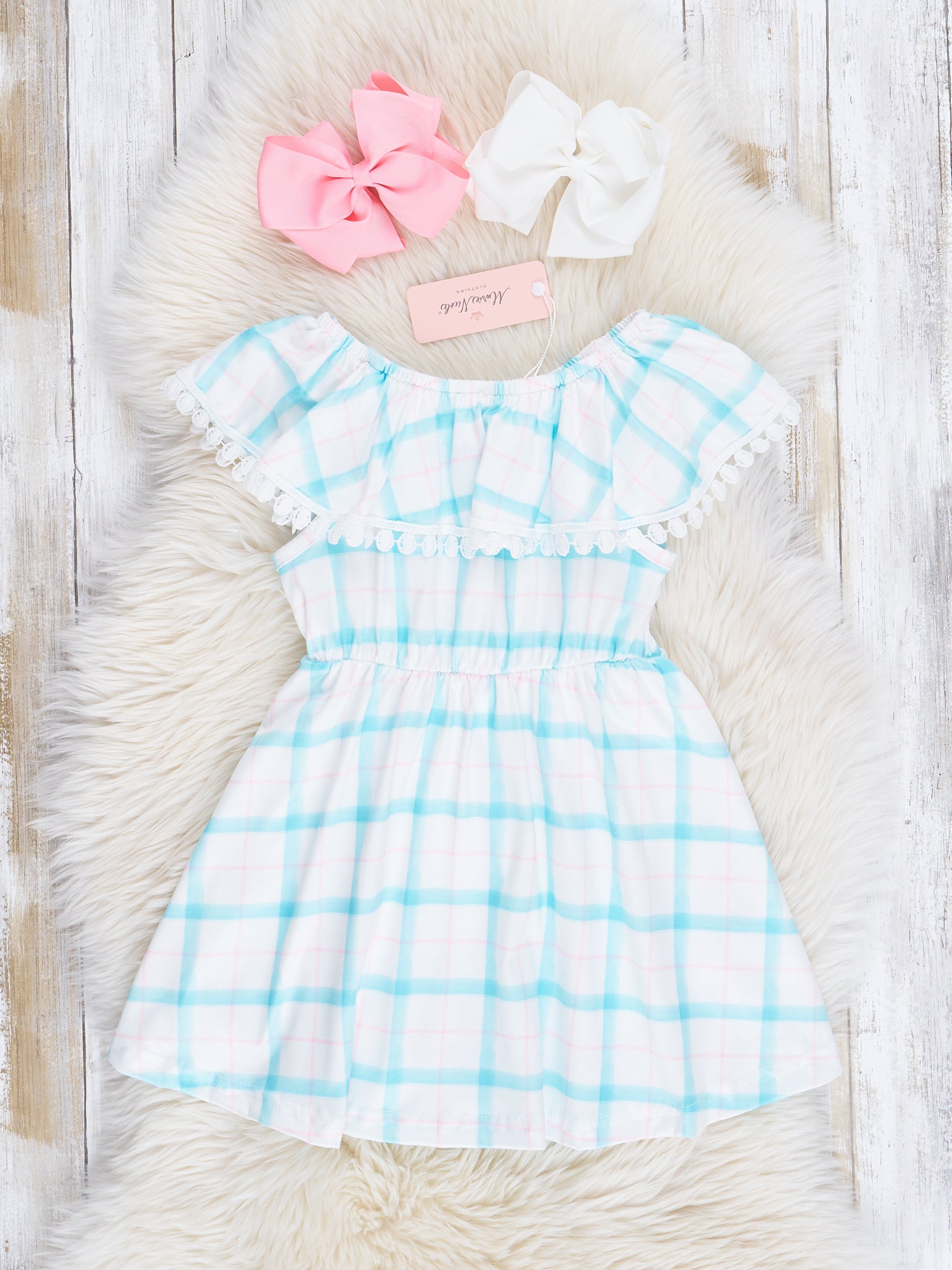 Teal & Pink Plaid Lace Trim Dress - Marie Nicole Clothing