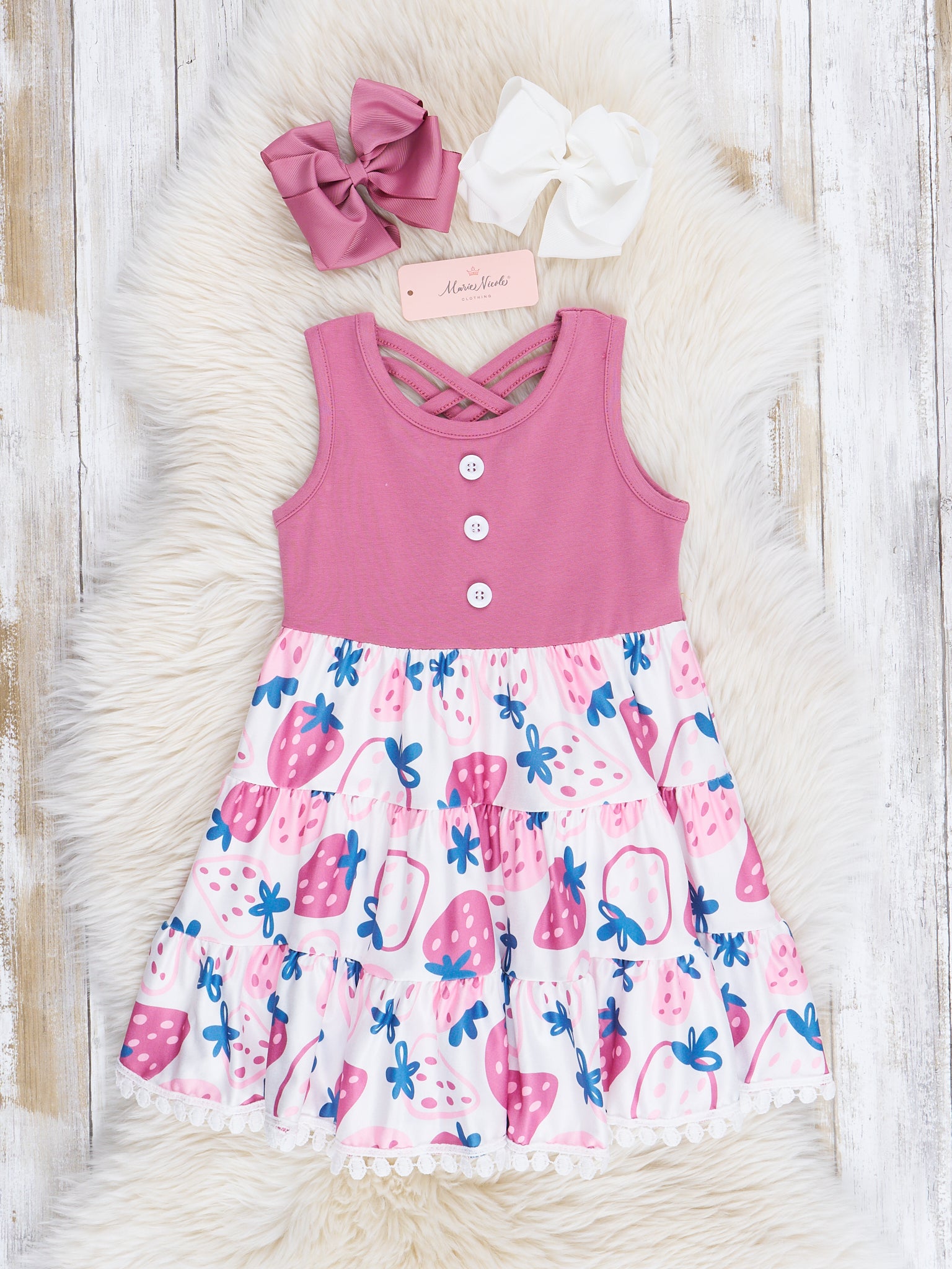Mauve Strawberry Doodles Ruffle Dress - Marie Nicole Clothing