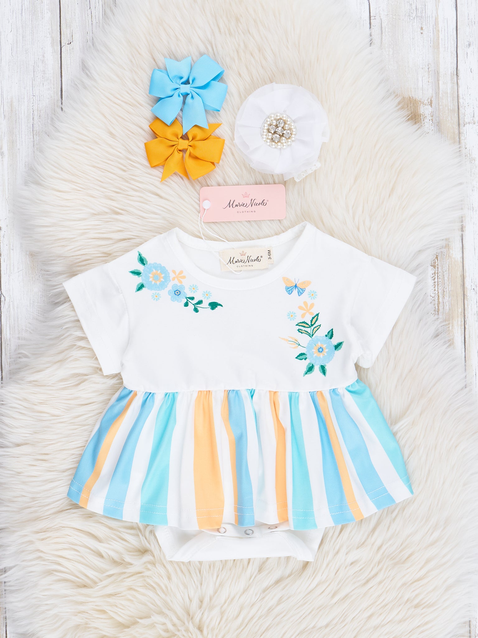 Turquoise & Yellow Stripe Peplum Bubble Romper - Marie Nicole Clothing