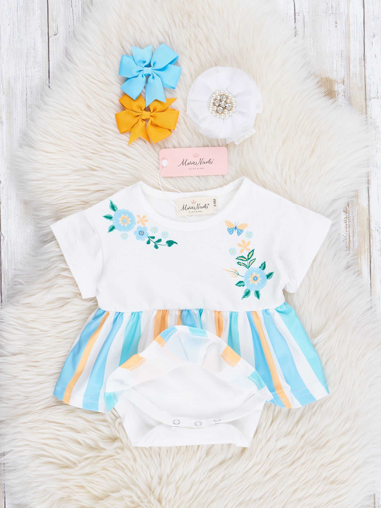 Turquoise & Yellow Stripe Peplum Bubble Romper - Marie Nicole Clothing