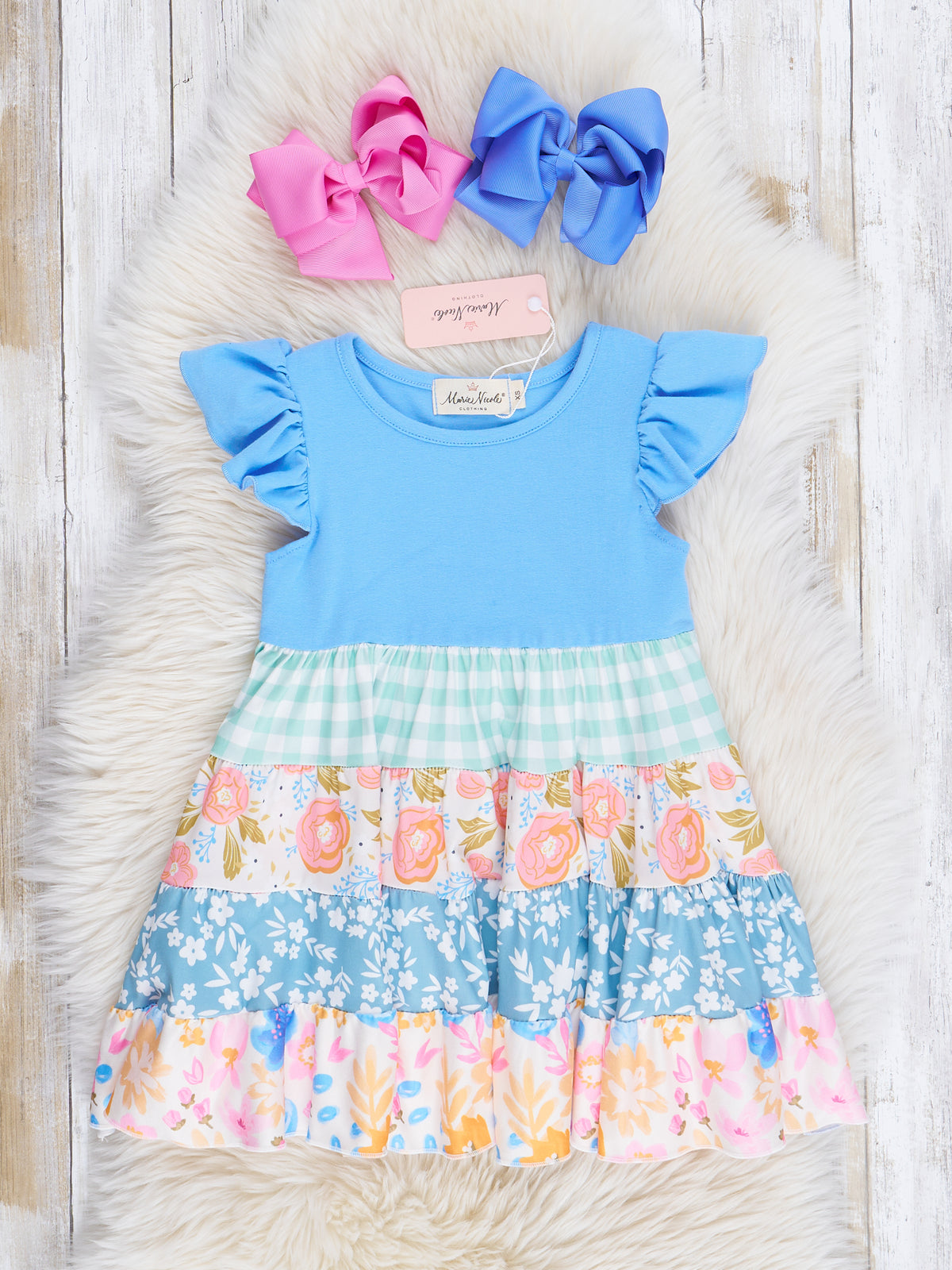 Cornflower Watercolor Florals Ruffle Dress - Marie Nicole Clothing