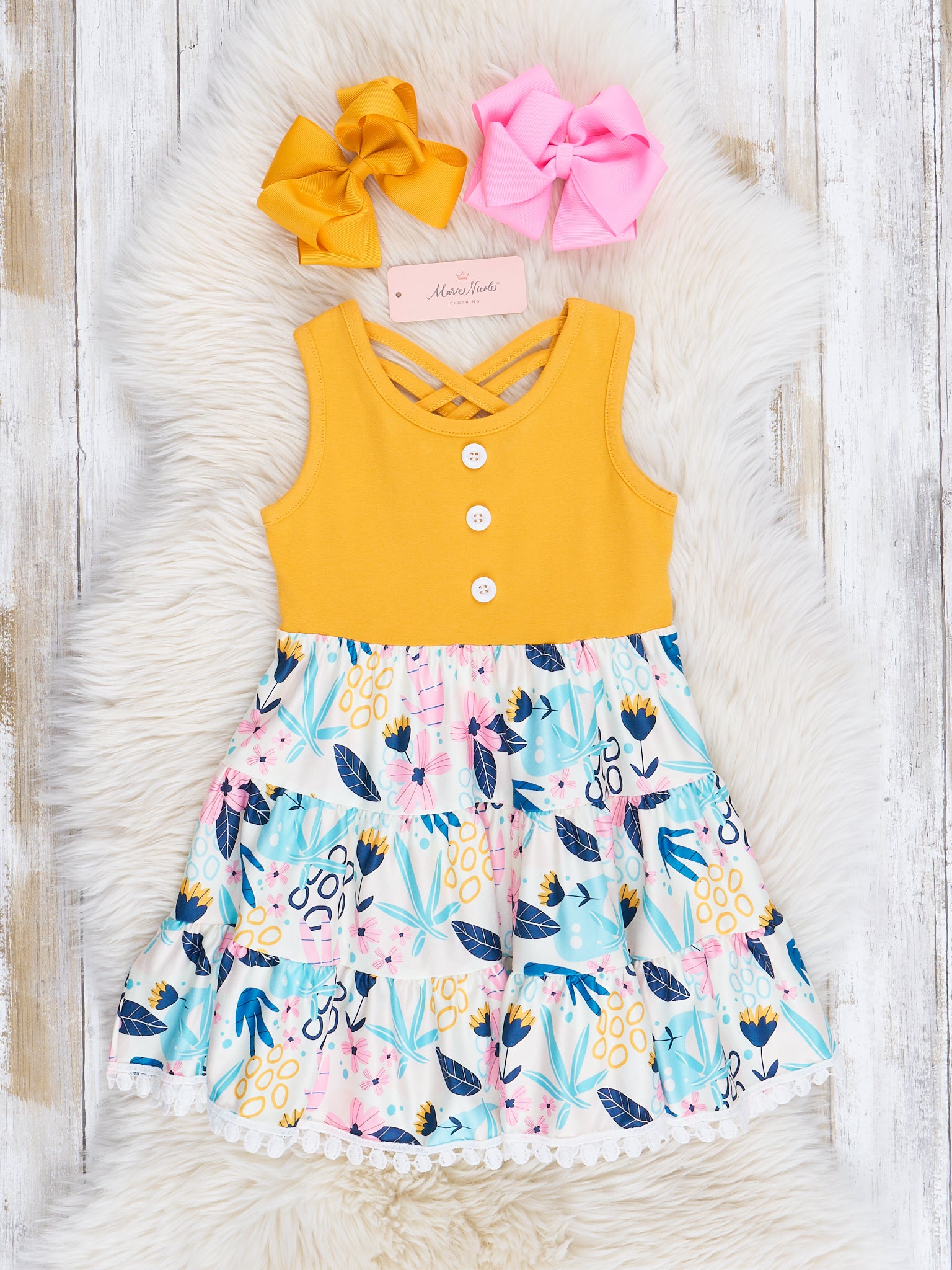Yellow Tropical Bloom Doodles Ruffle Dress - Marie Nicole Clothing