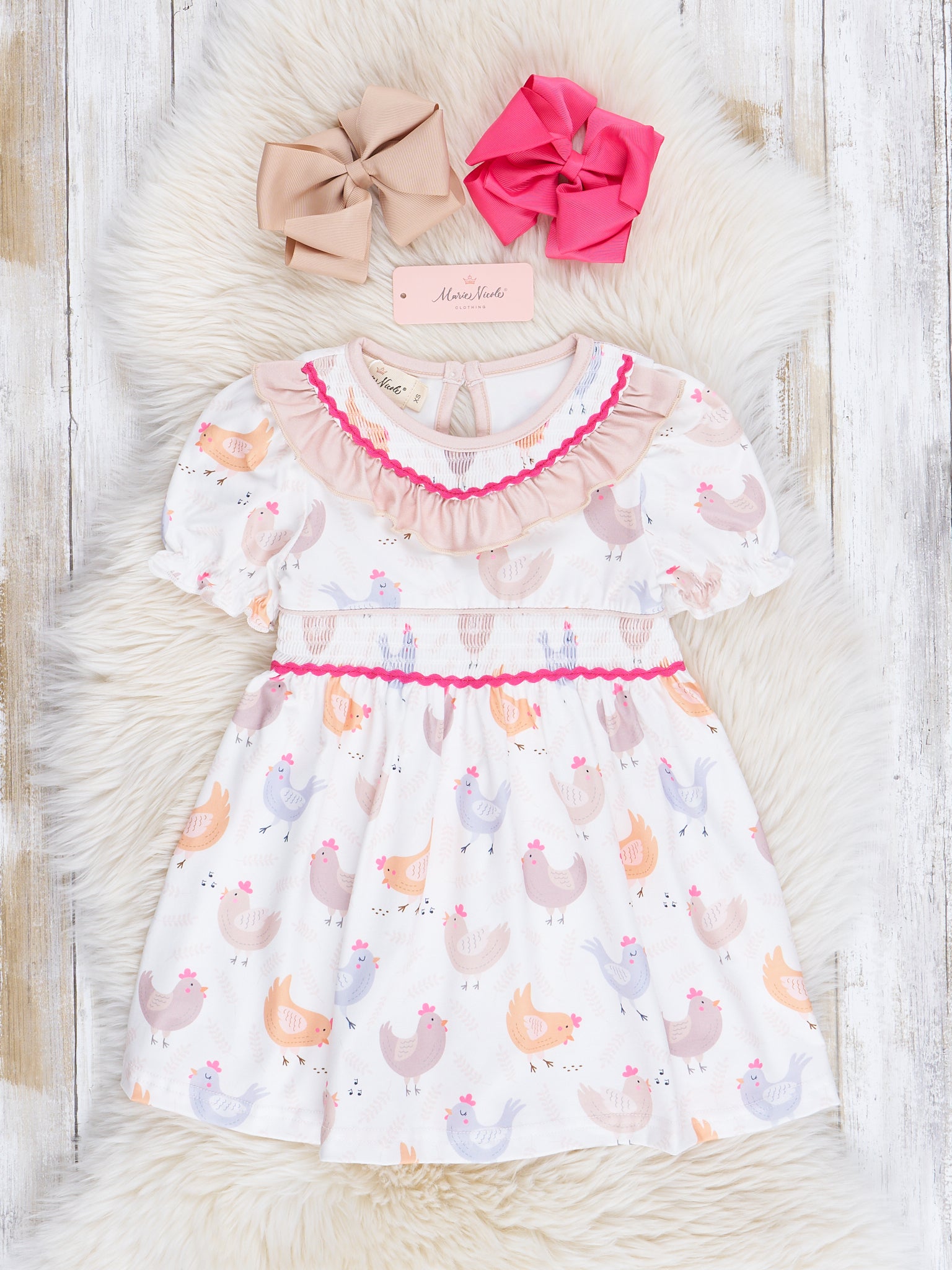 Soft Tan Smocked Chickens Ruffle Dress - Marie Nicole Clothing