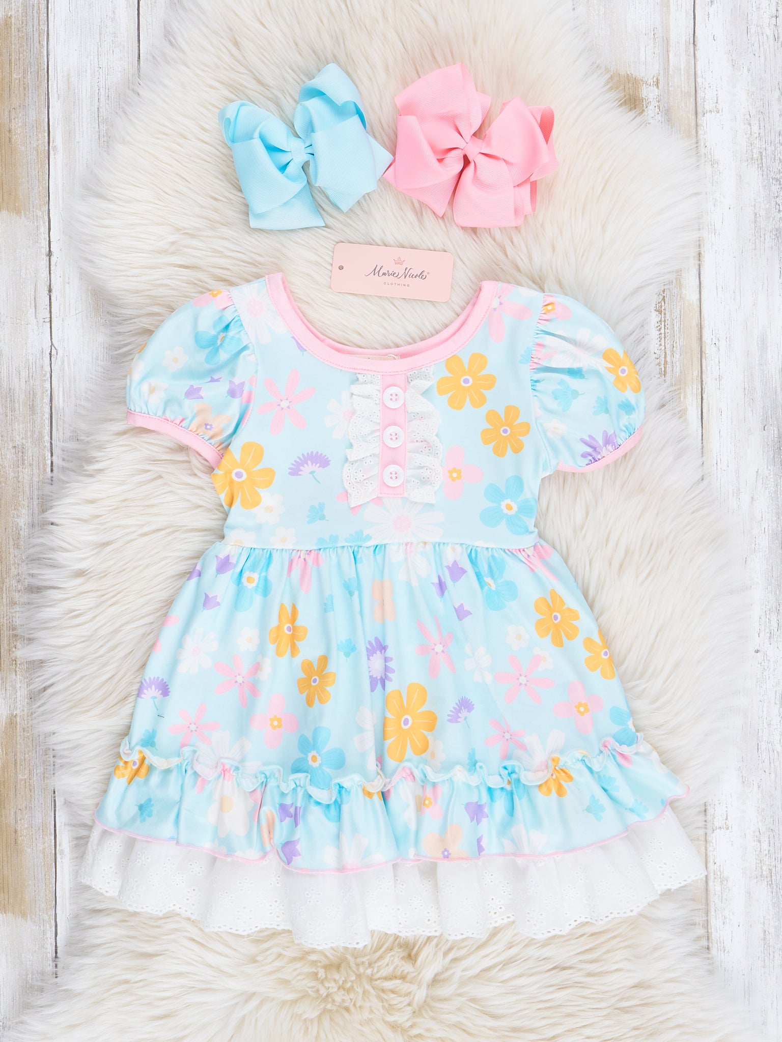 Light Teal Wildflowers Lace Hem Dress - Marie Nicole Clothing