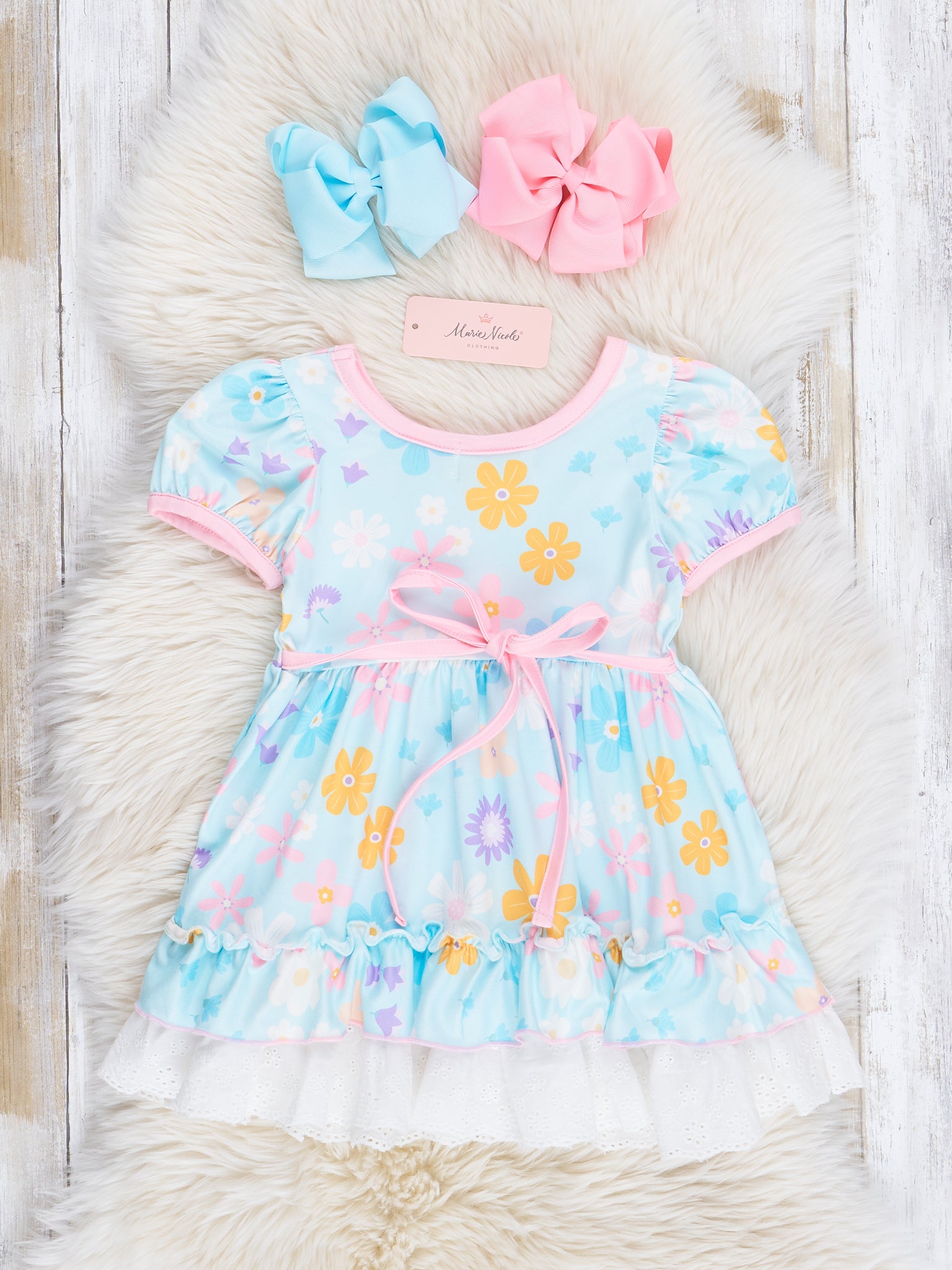 Light Teal Wildflowers Lace Hem Dress - Marie Nicole Clothing