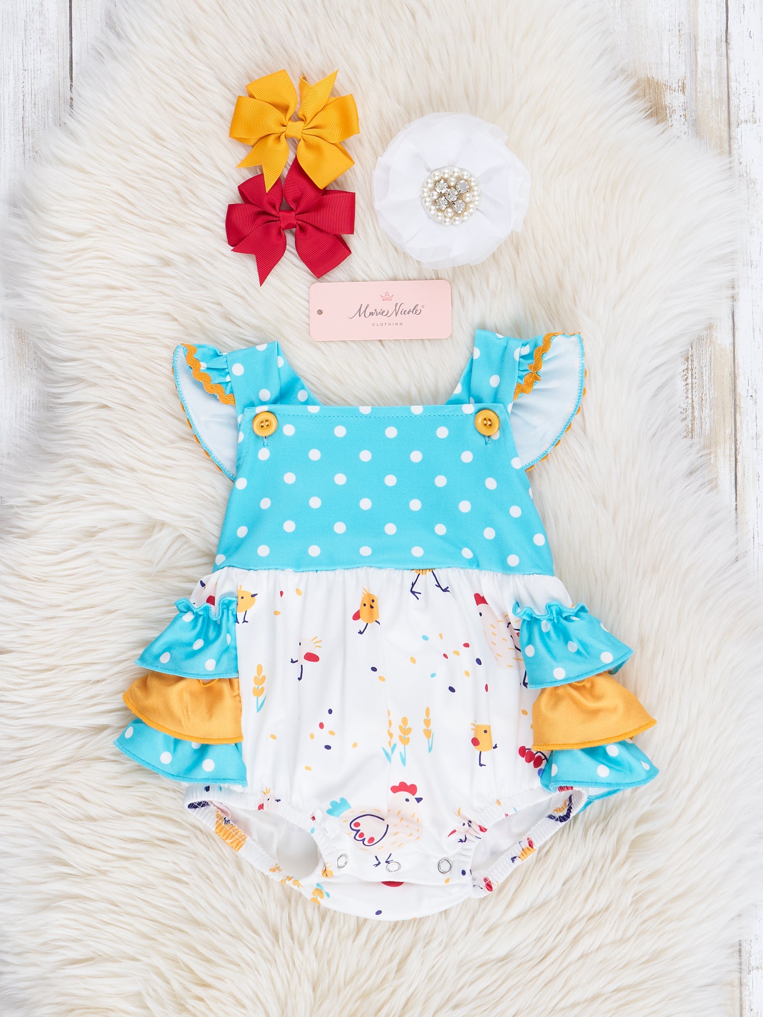 Teal Chicks & Dots Ruffle Bubble Romper - Marie Nicole Clothing