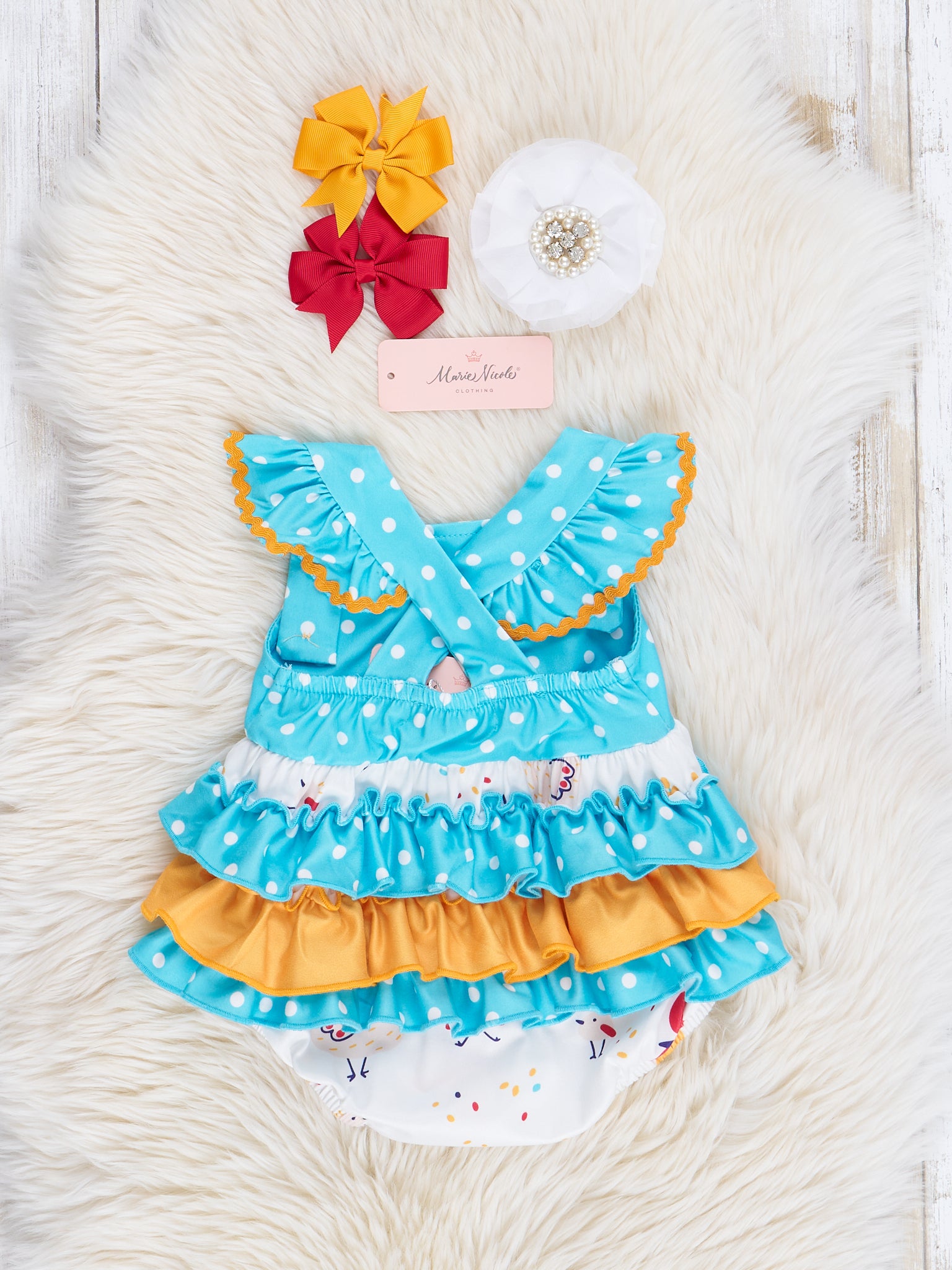 Teal Chicks & Dots Ruffle Bubble Romper - Marie Nicole Clothing