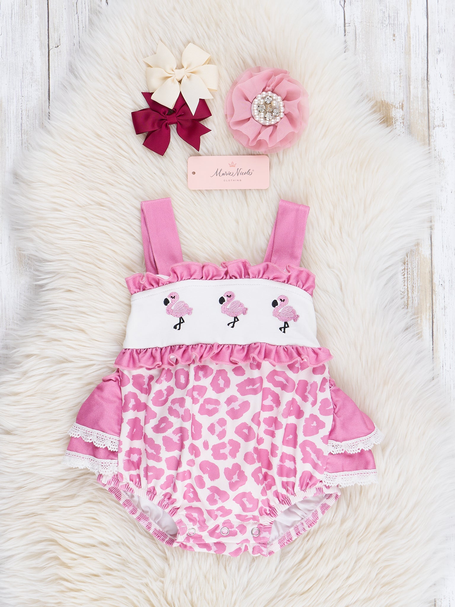 Mauve Embroidered Flamingos & Leopard Ruffle Bubble Romper - Marie Nicole Clothing