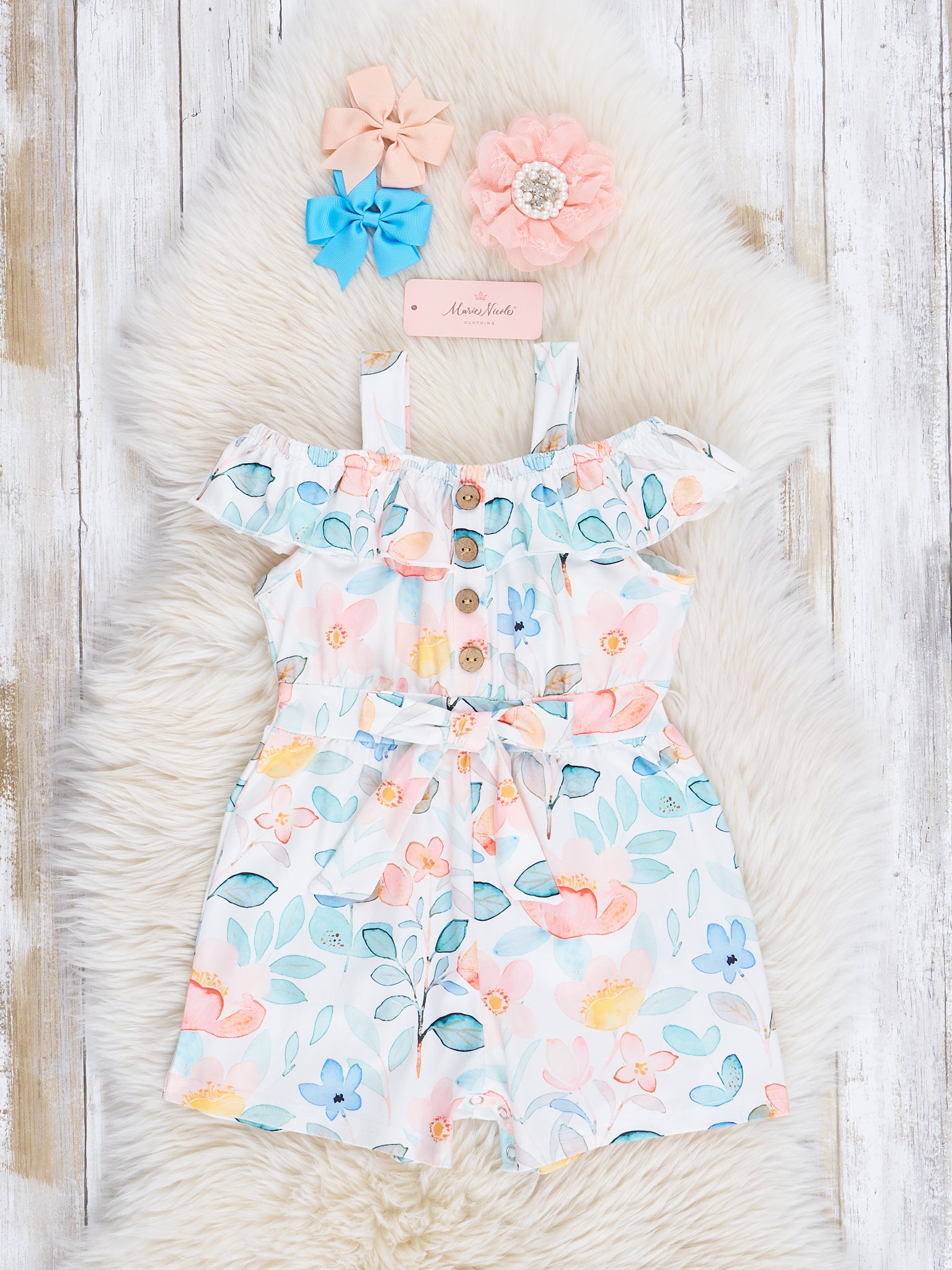 Teal & Peach Watercolor Garden Ruffle Romper - Marie Nicole Clothing