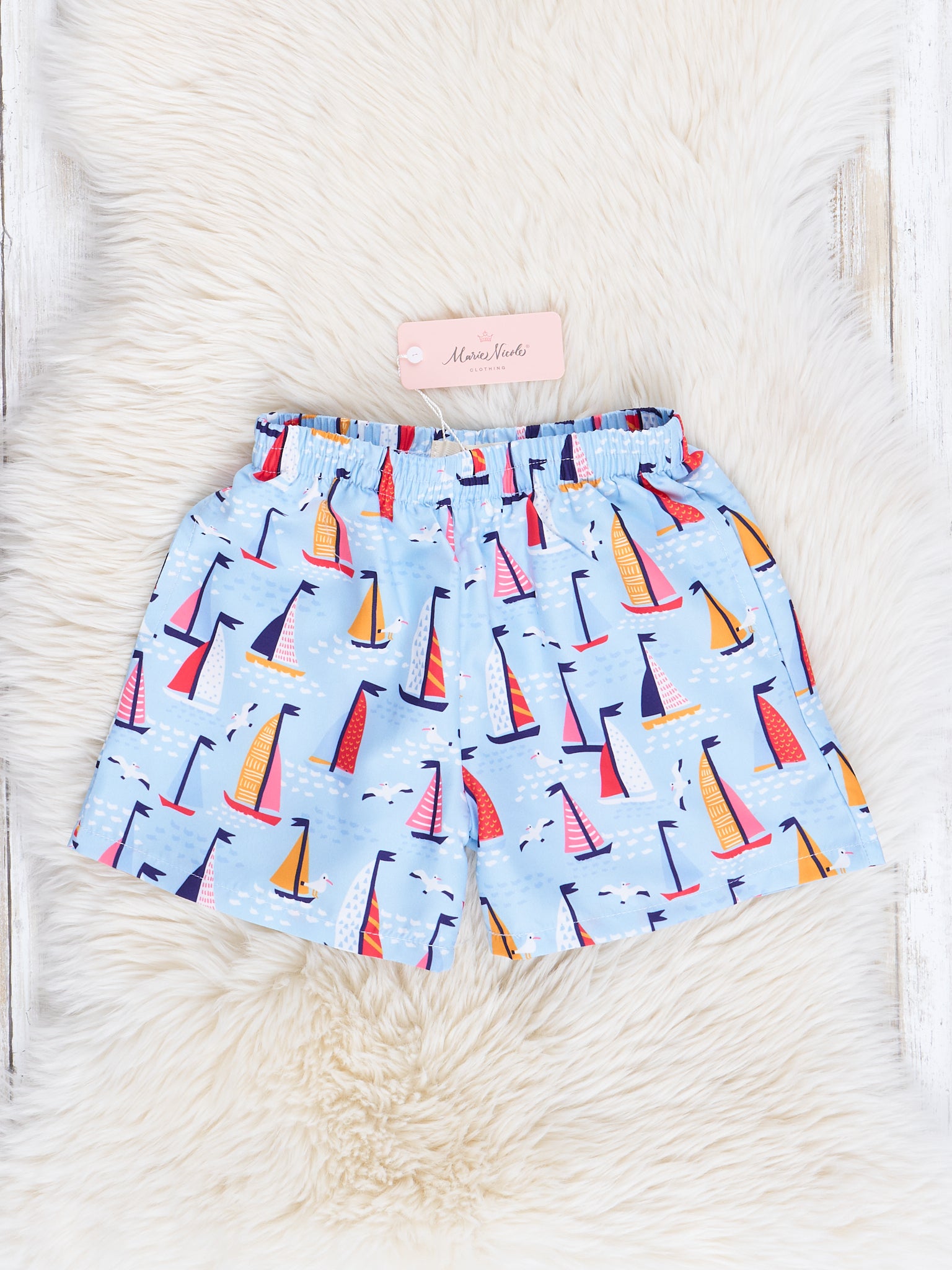 Dad & Me Light Blue Sailboats Swim Trunks - Marie Nicole Clothing